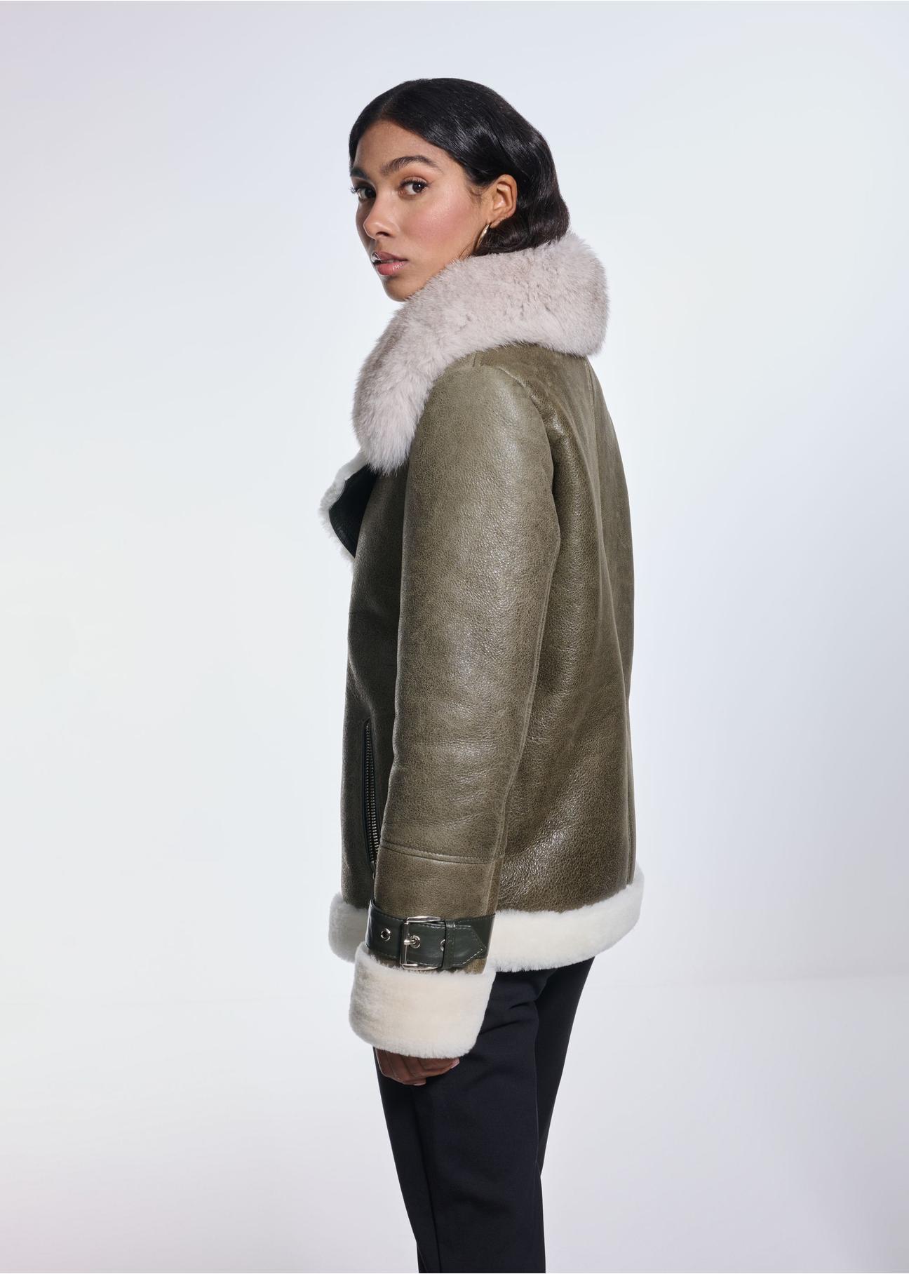 Green leather short women's sheepskin coat KOZDS-0085-3173(Z24)-04