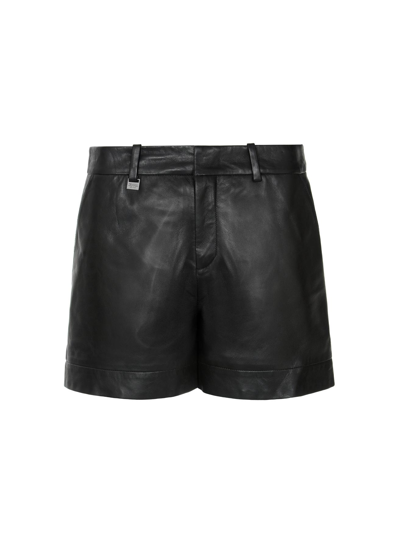 Women's black leather shorts SPODS-0007-5477(W23)-02