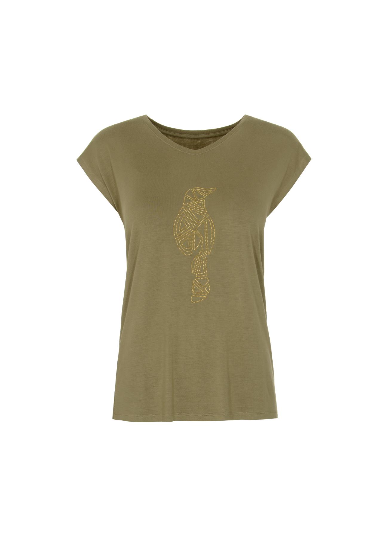 Women's olive T-shirt with applique TSHDT-0066-55(W22)-03