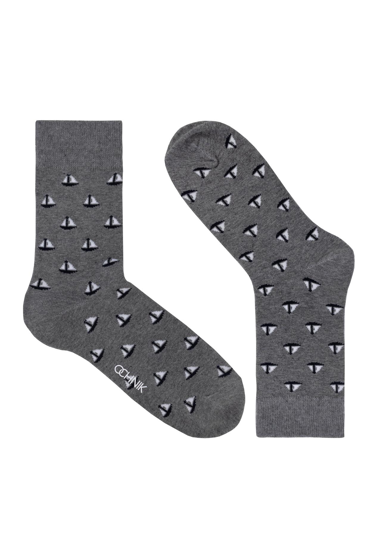 Grey long men's socks with sailboats SKAMT-0187-95(W24)-01