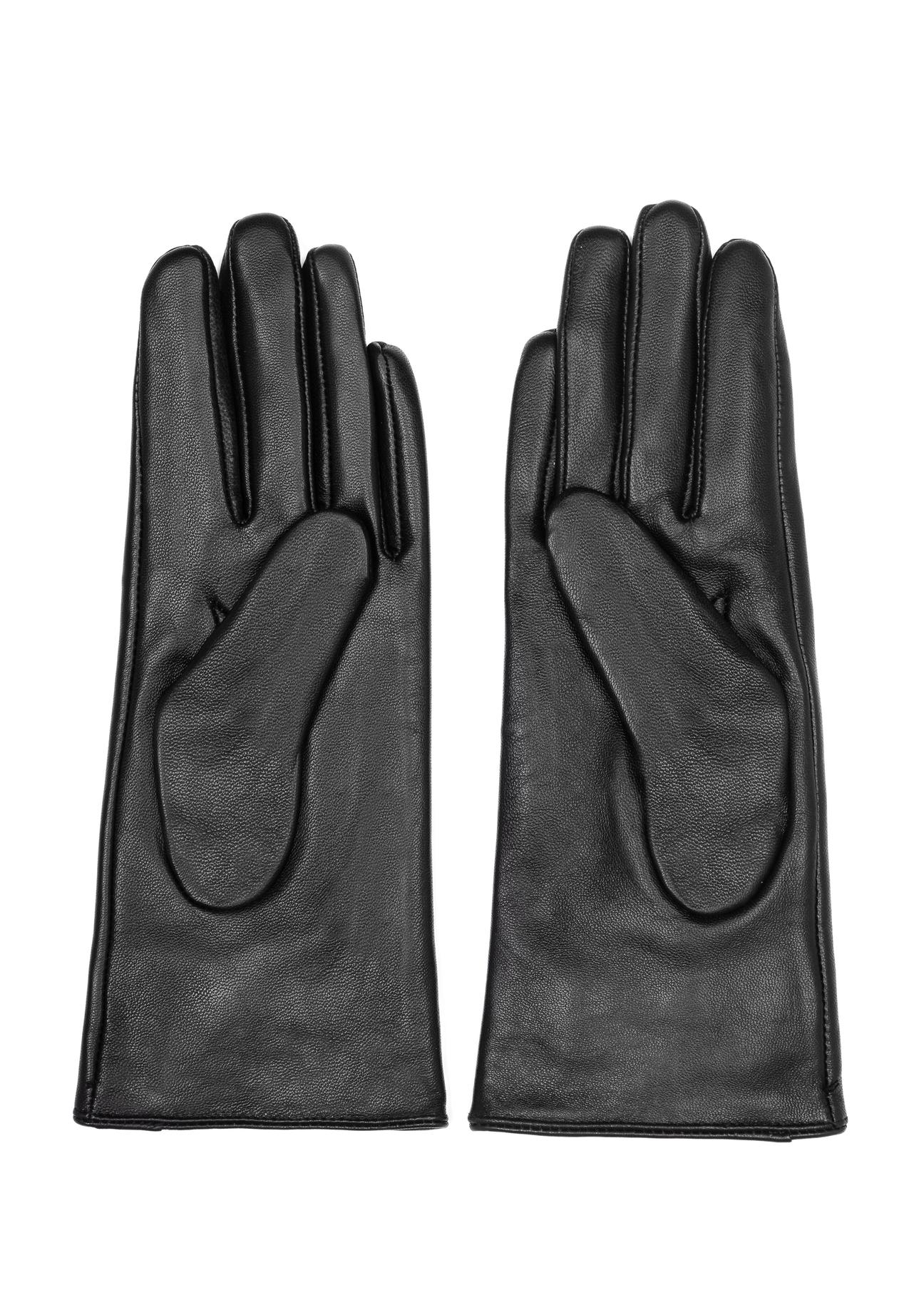 Women's black leather gloves with buckle REKDS-0087-99(Z24)