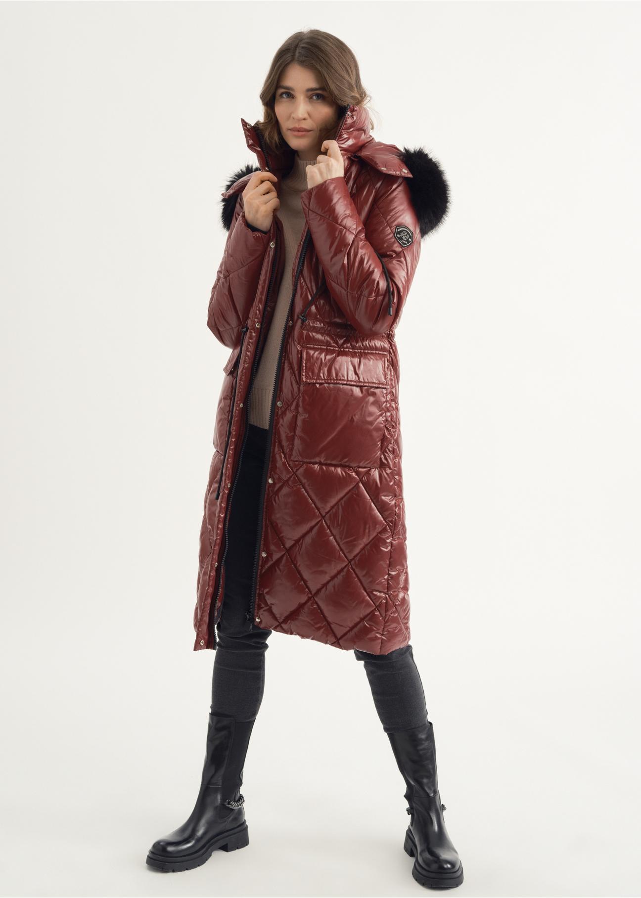 Women's long maroon quilted jacket KURDT-0481-49(Z23)-03