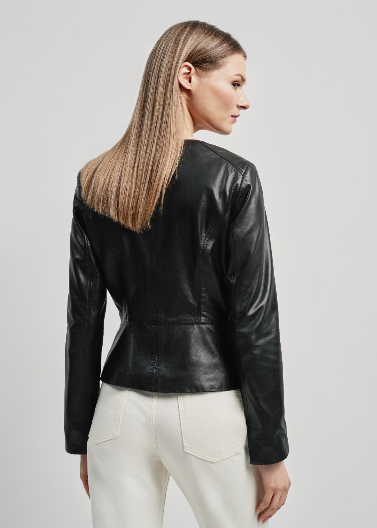 Black leather waisted jacket for women KURDS-0483-5491(W24)-03