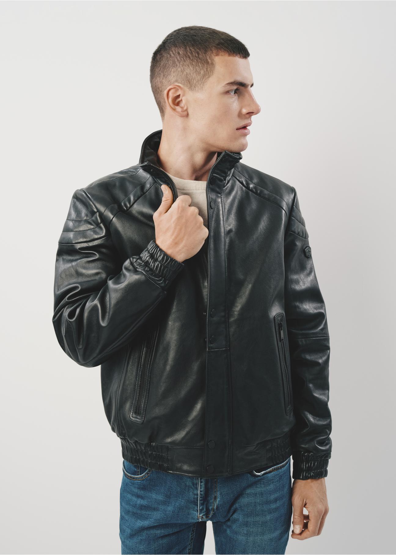 Men's black leather jacket with stand-up collar KURMS-0319-5427(Z23)-03