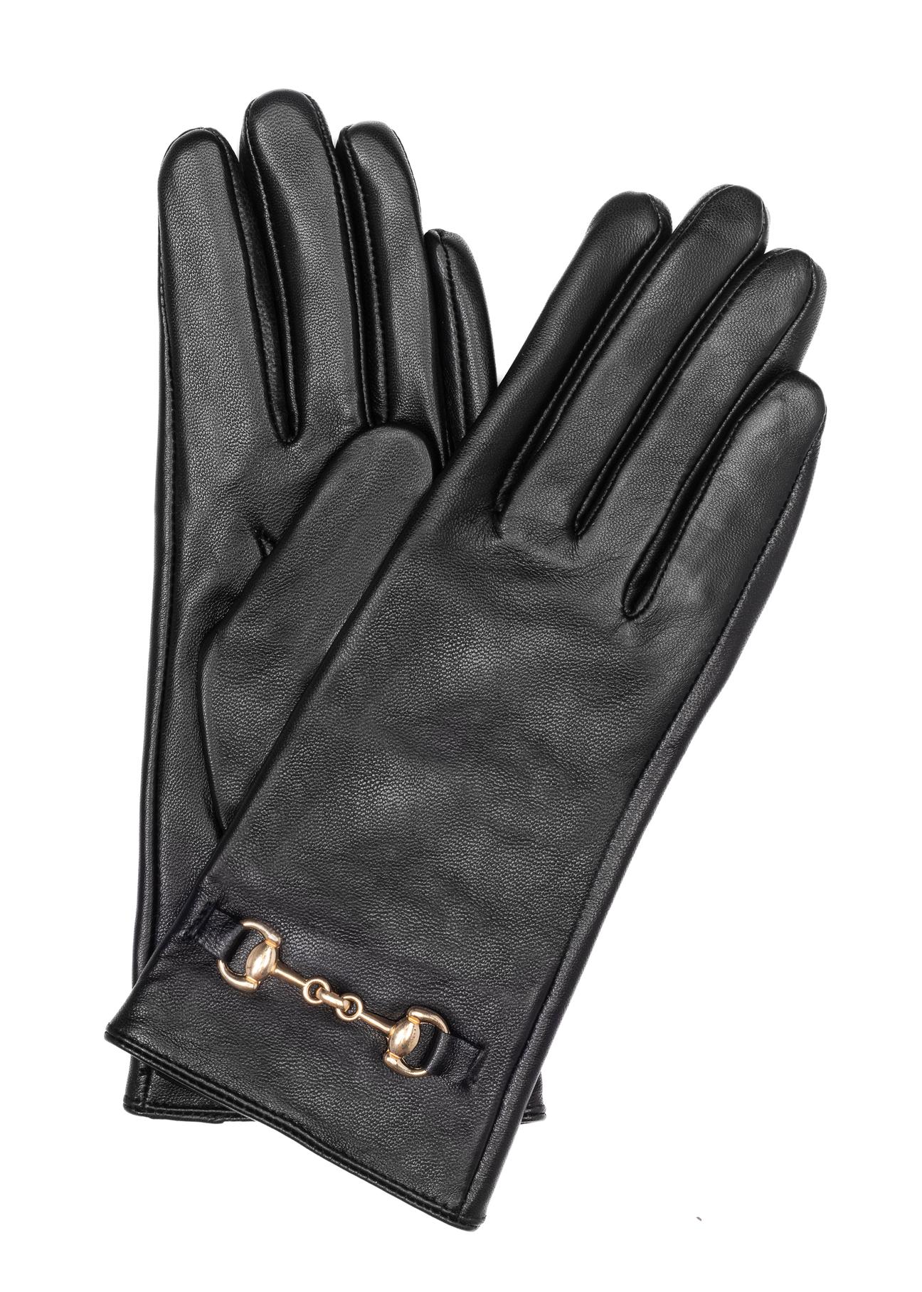 Women's black leather gloves with buckle REKDS-0087-99(Z24)