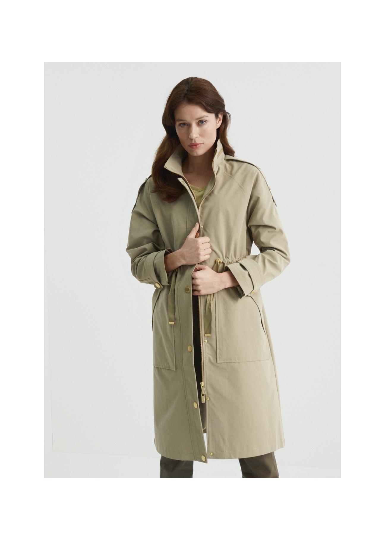 Women's olive colored coat with a button closure KURDT-0353-57(W22)-03