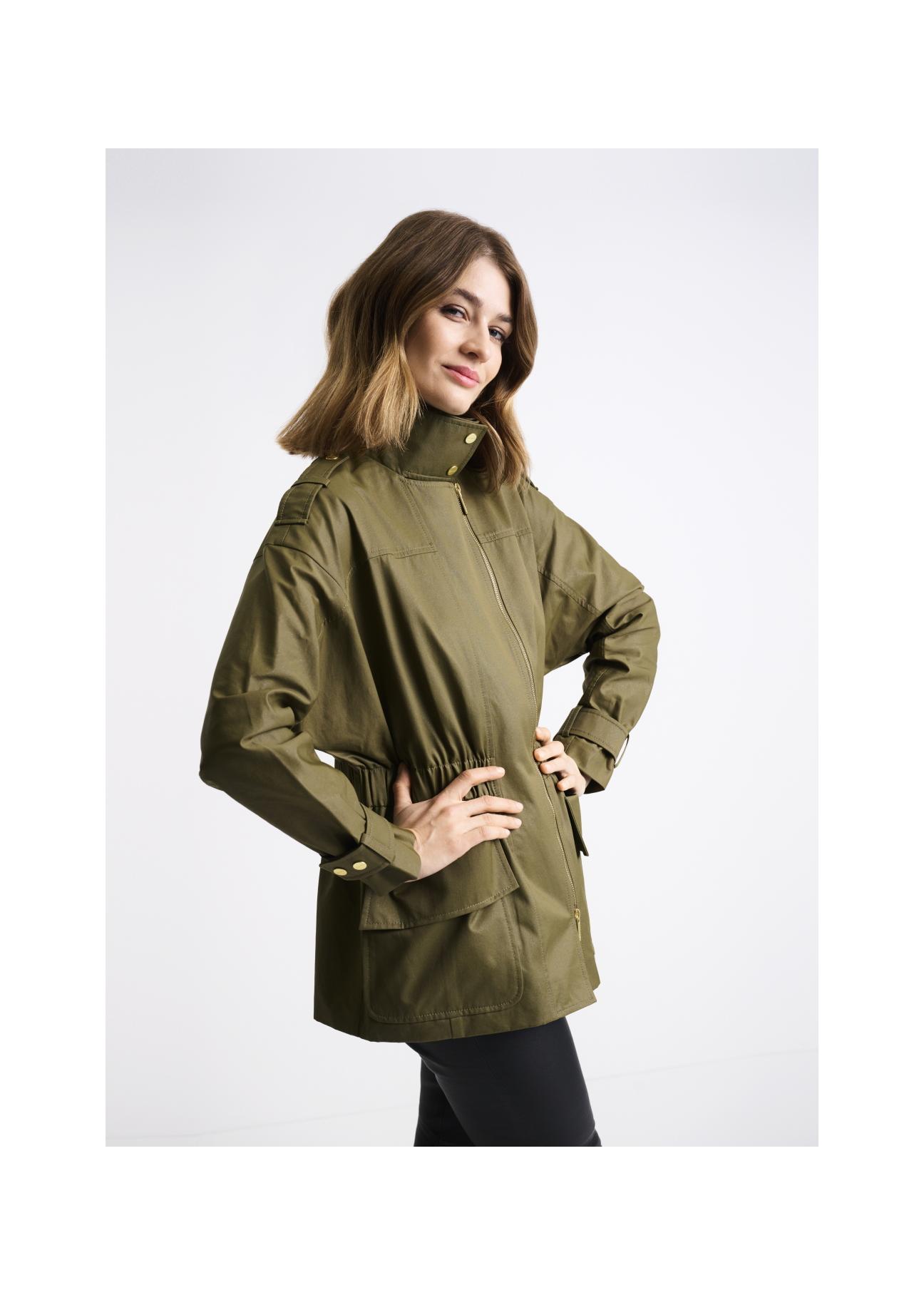 Olive colored women's jacket with a ribbed hem KURDT-0354-57(W22)-02