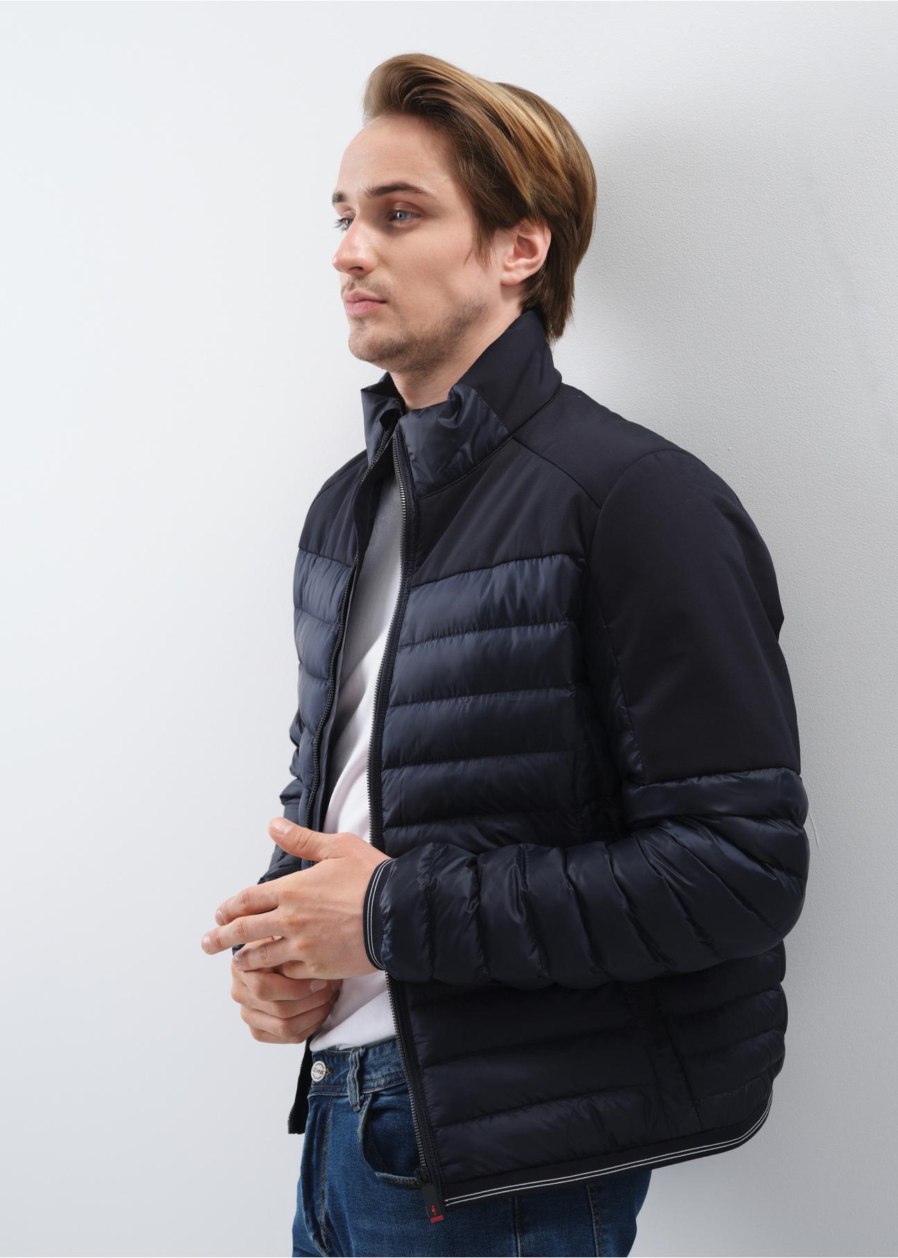 Men's navy blue quilted jacket with stand-up collar KURMT-0309-69(Z24)-01