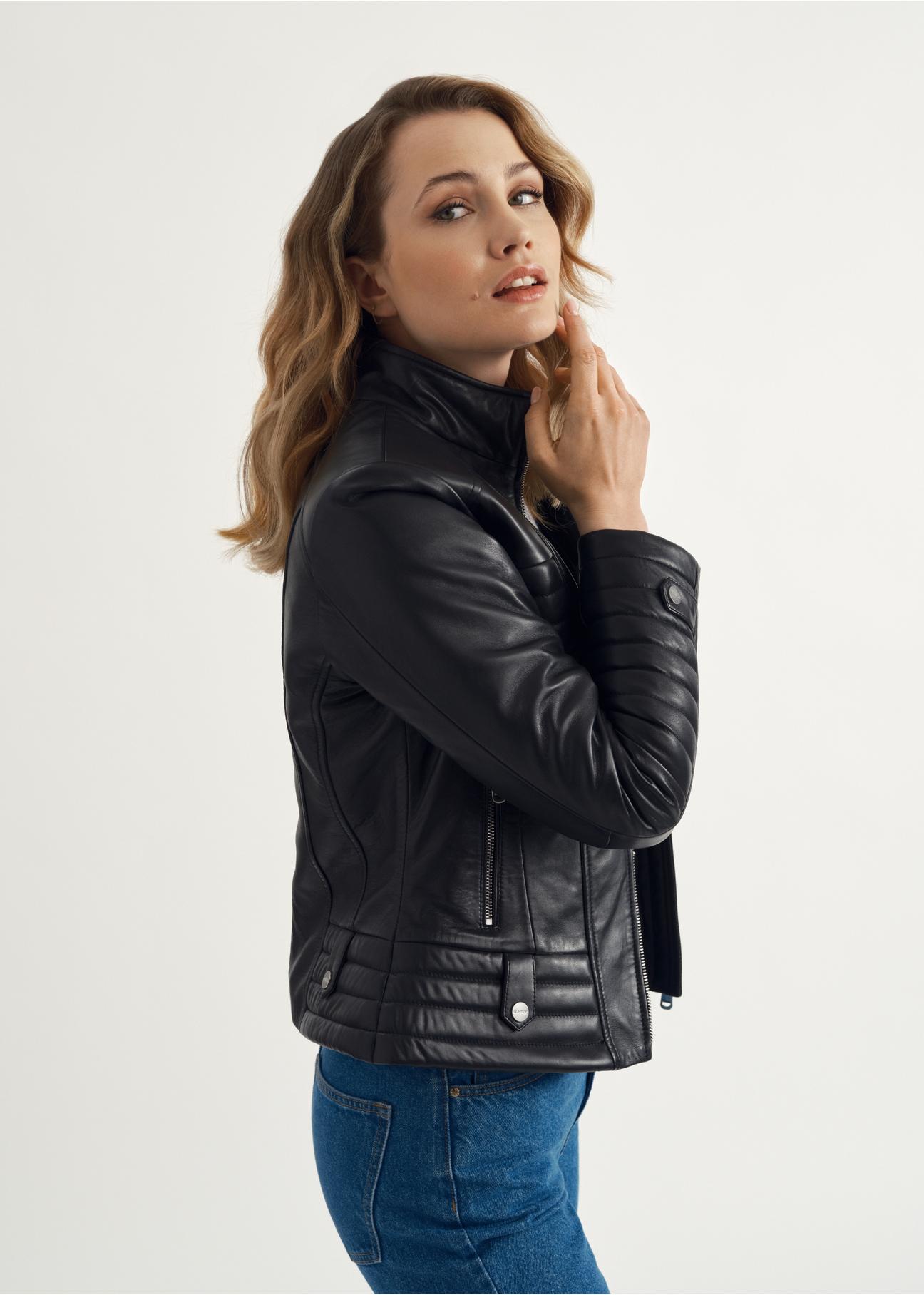 Women's waisted leather jacket with collar KURDS-0448-5491(Z23)-02