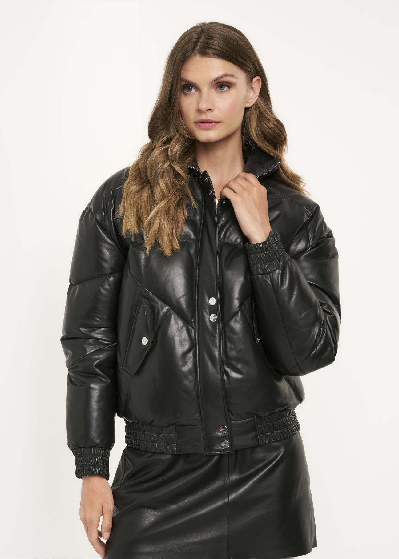 Women's black leather down jacket KURDS-0388-5339(Z22)-01