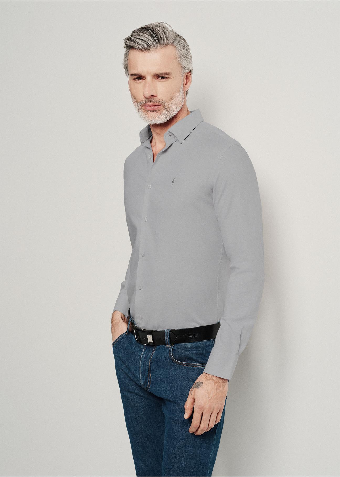 Grey men's slim shirt KOSMT-0302-80(W24)-01