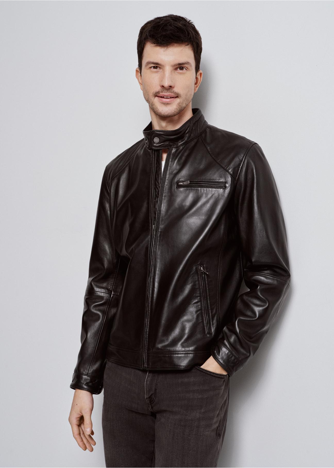 Black classic leather jacket for men KURMS-0328-5491(W24)-01