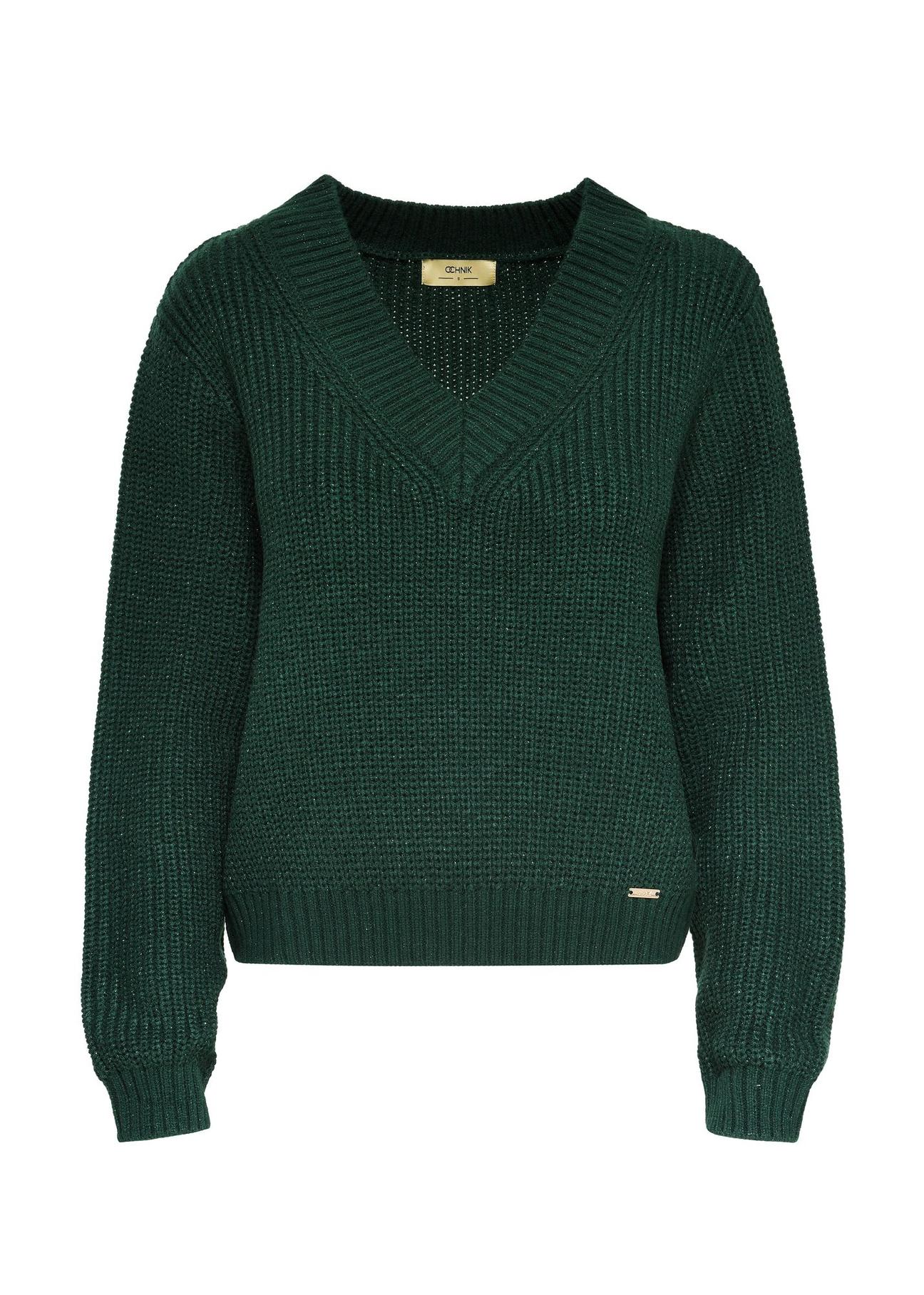 Women's green V-neck sweater SWEDT-0162-54(Z24)-04