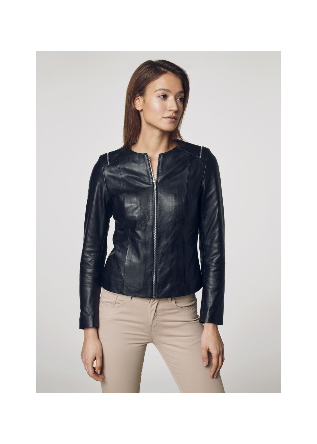 Women's waisted black leather jacket KURDS-0306-4229(Z22)-02