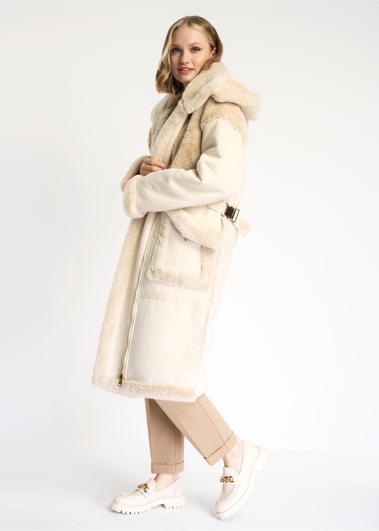 Women's artificial fur coat with hood FUTDP-0014-16(Z22)-03