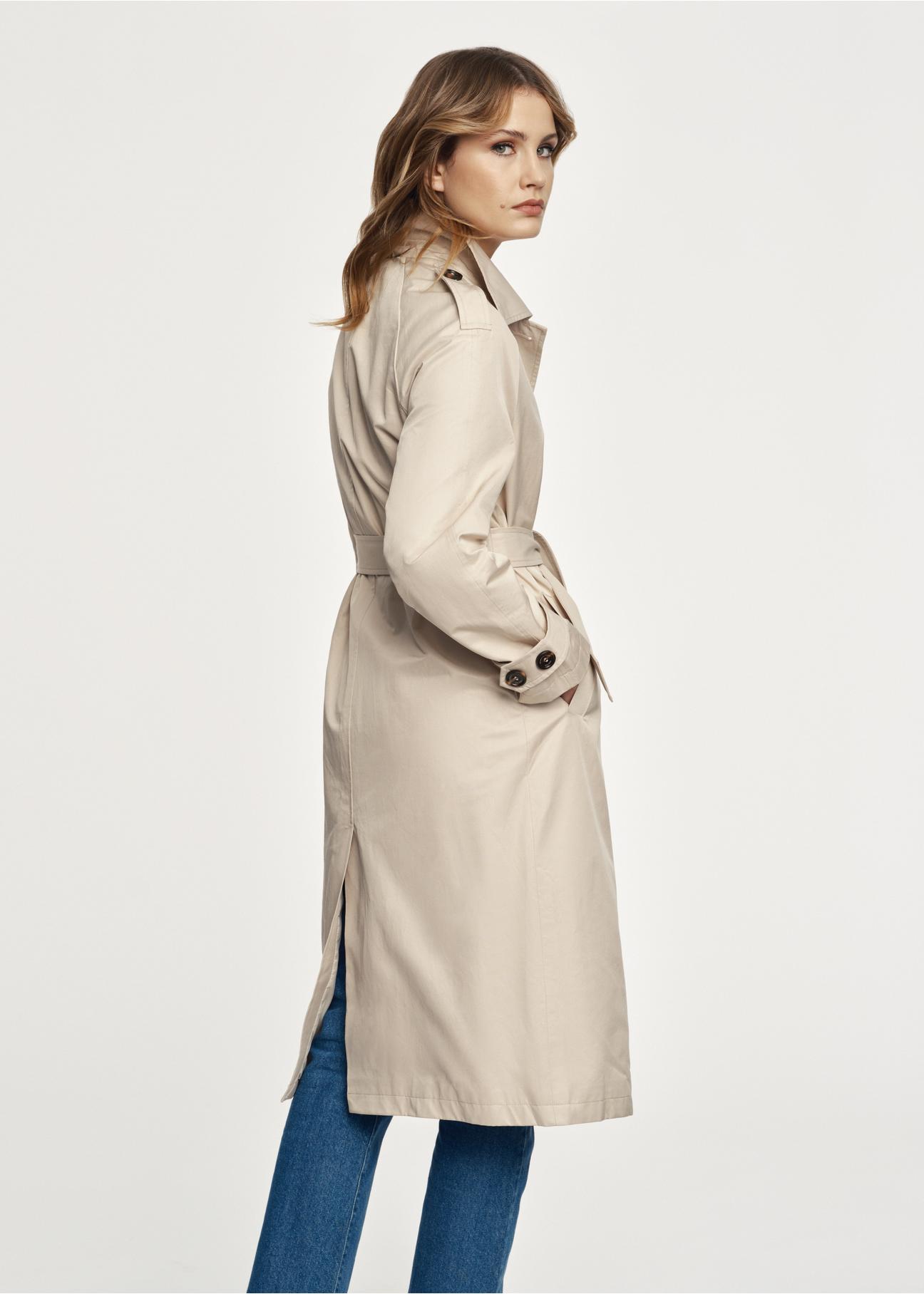 Beige women's coat with belt KURDT-0424-80(W23)-03