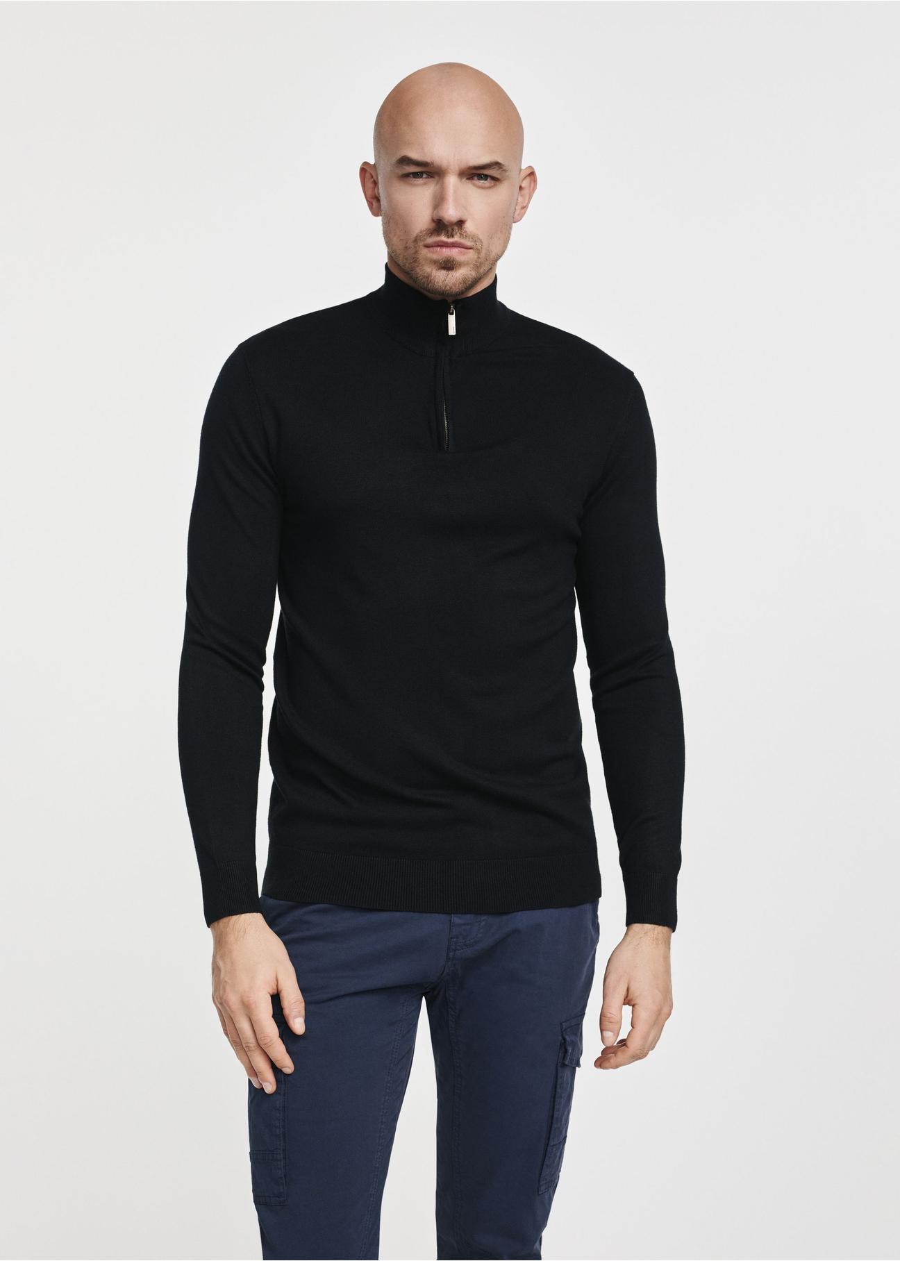 Black men's sweater with a stand-up collar SWEMT-0152-99(Z24)-01