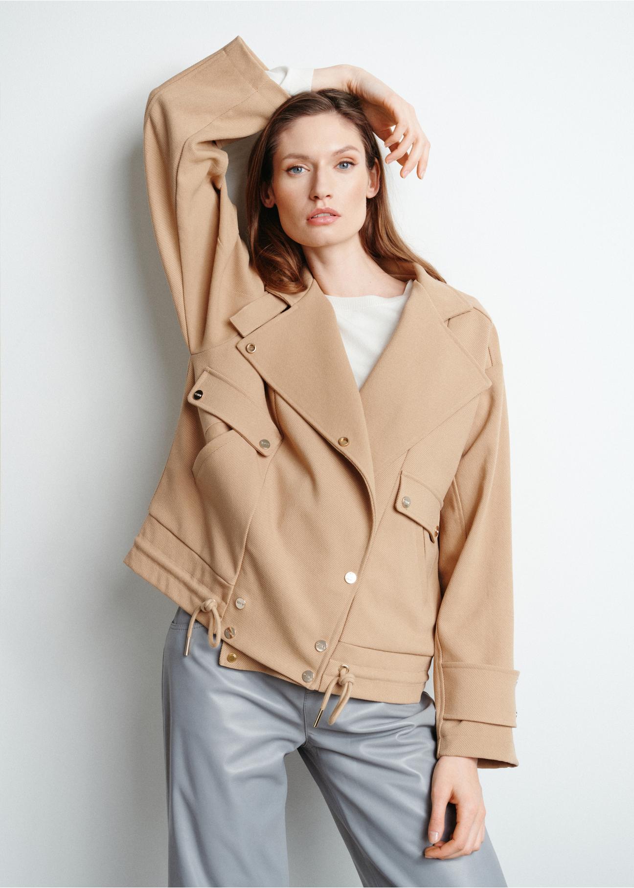 Women's short beige ribbed coat KURDT-0499-81(W24)-04