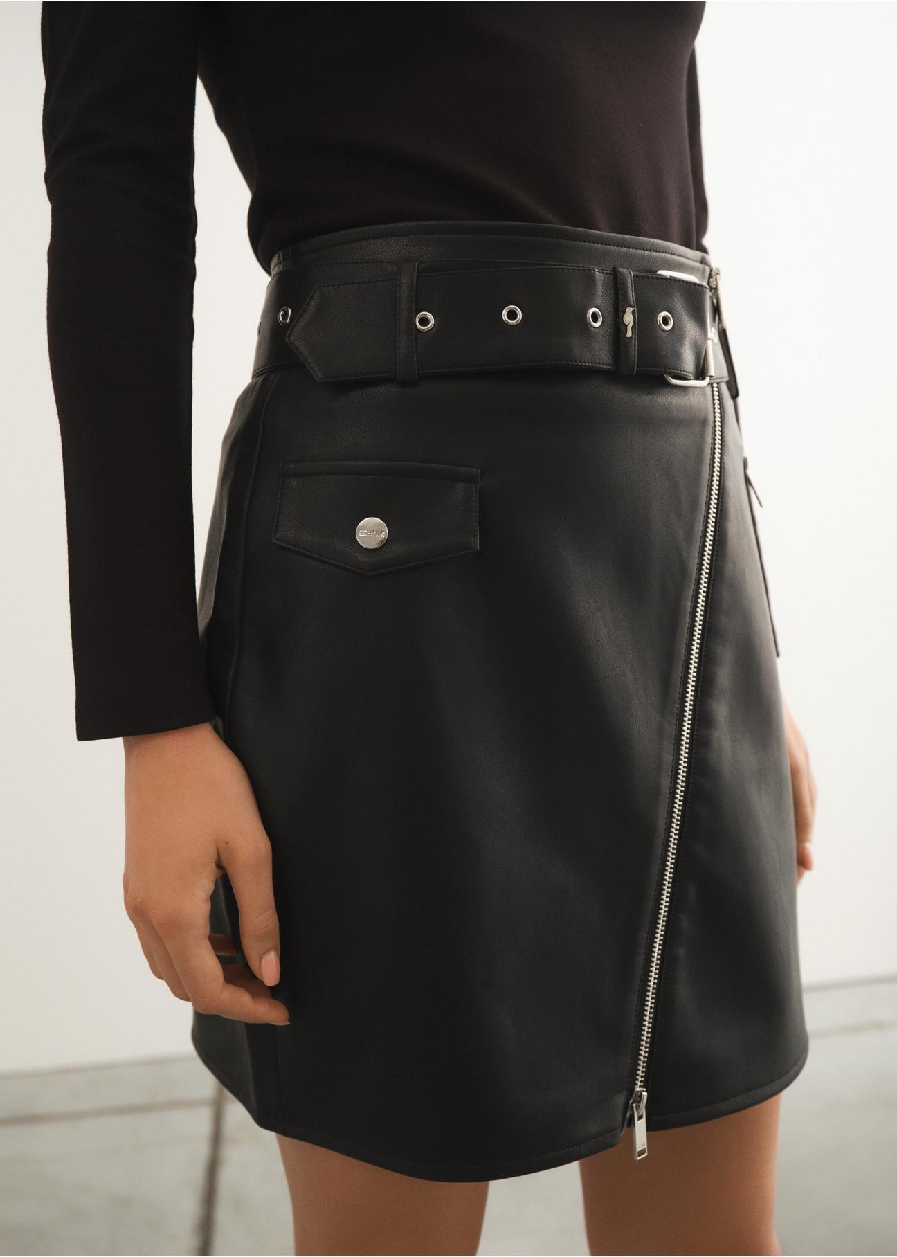 Black imitation leather skirt SPCDP-0001-99(W23)-02