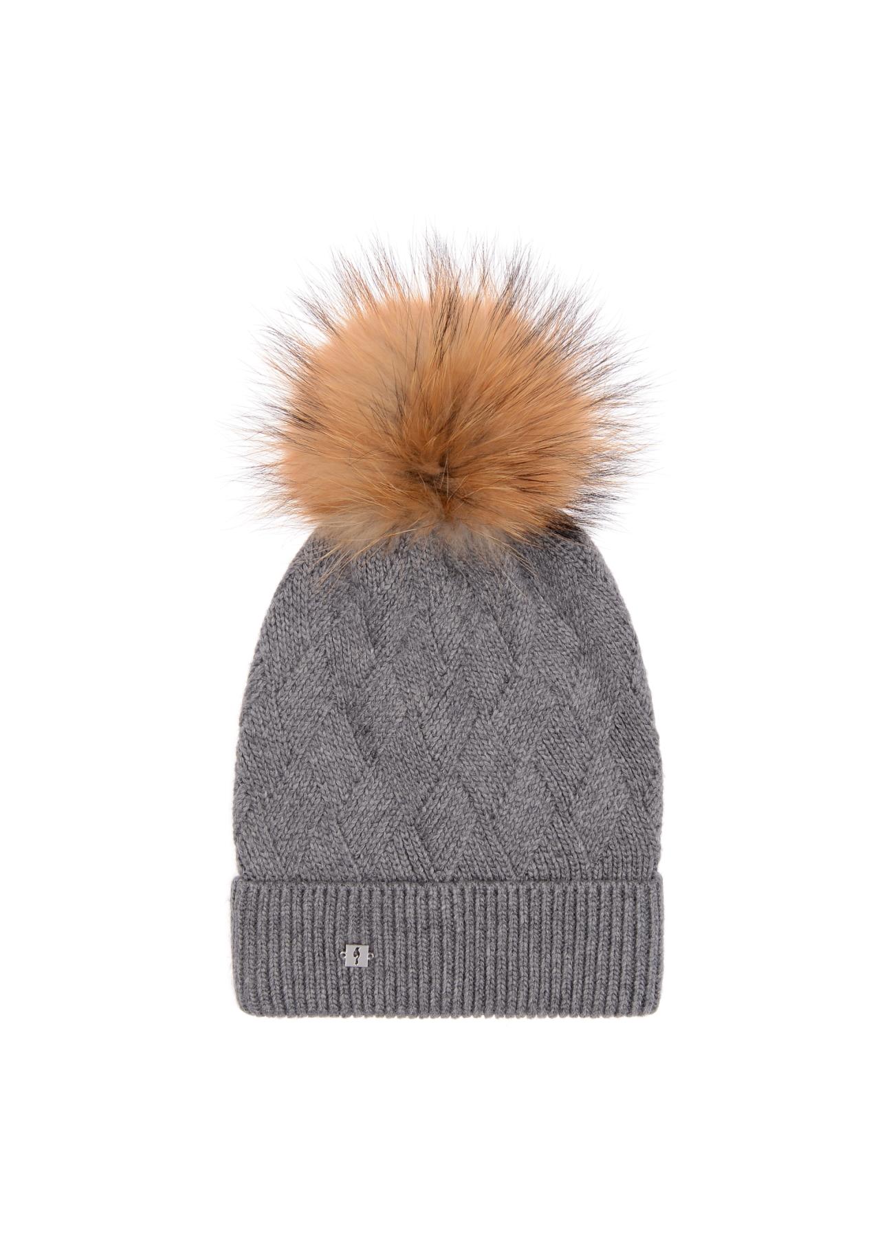 Gray women's cap with pom-pom CZADT-0040A-91(Z23)-02