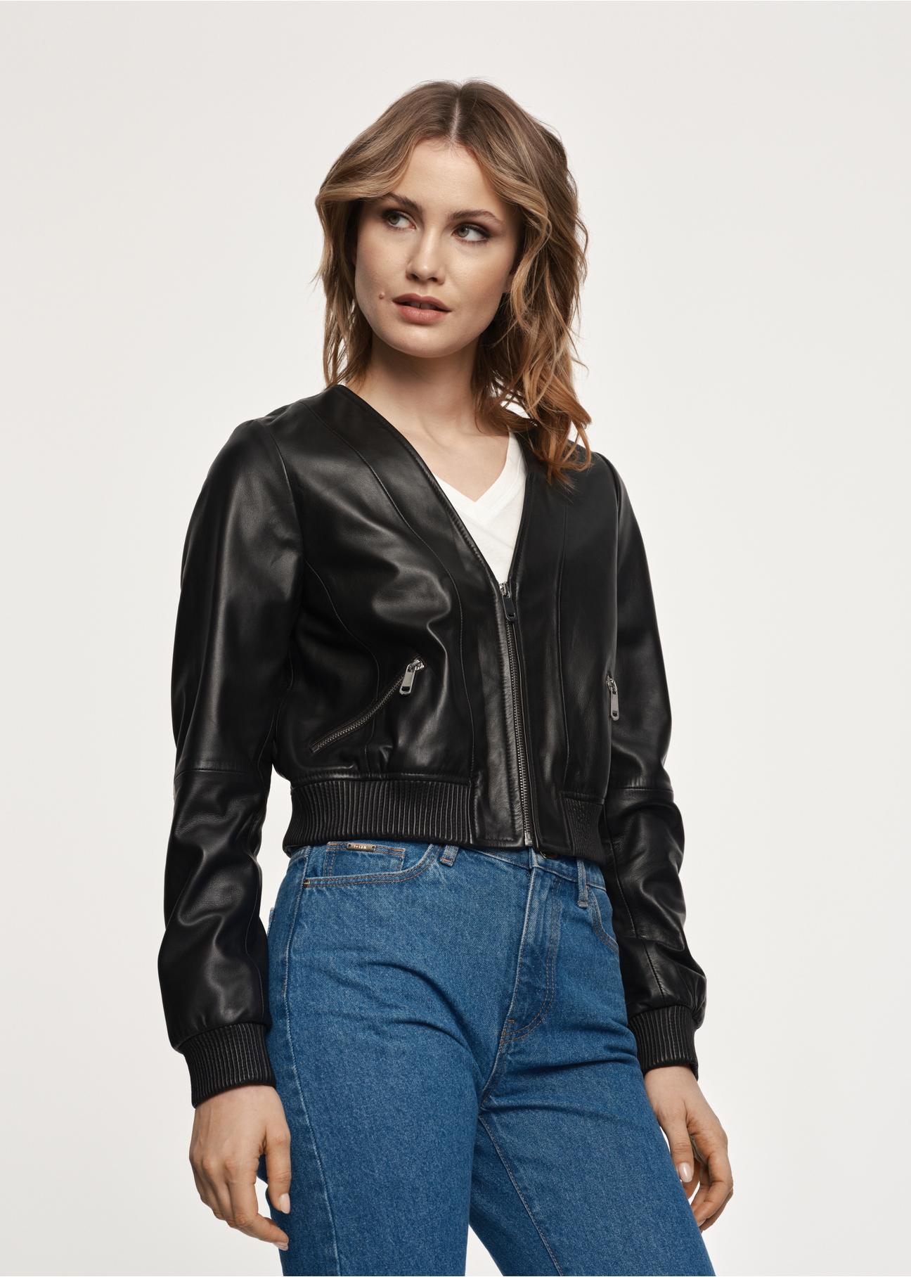 Women's short black leather jacket KURDS-0447-1333(Z23)-03