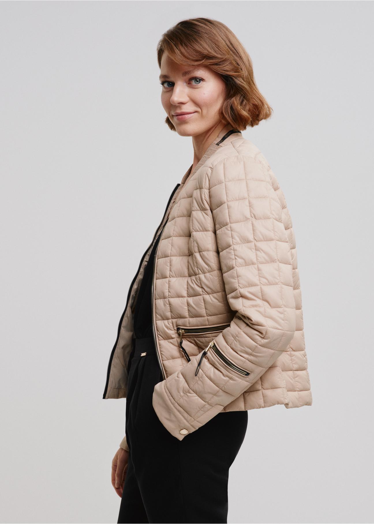 Beige insulated quilted jacket for women KURDT-0505-81(W24)-01