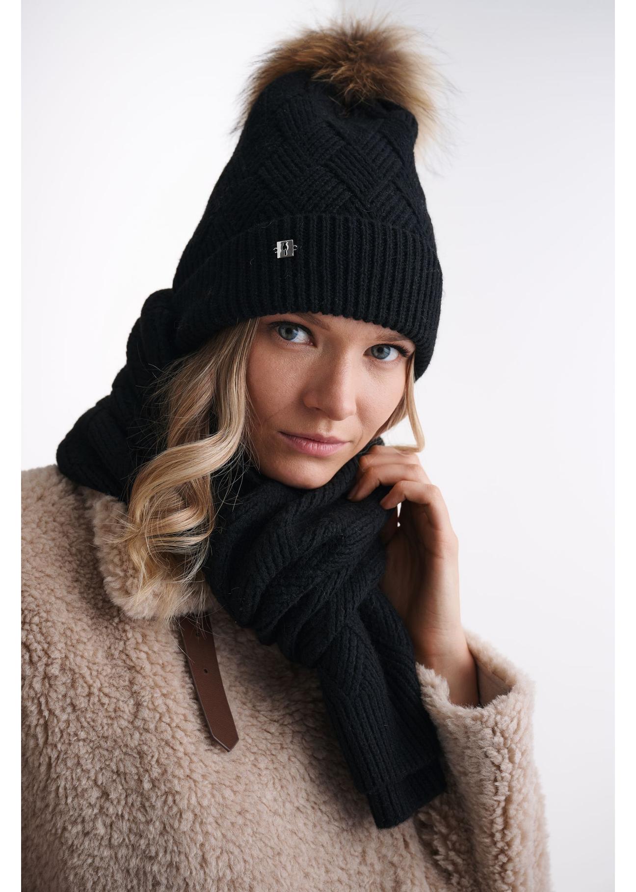 Black women's winter hat with pompom CZADT-0040B-99(Z24)-01