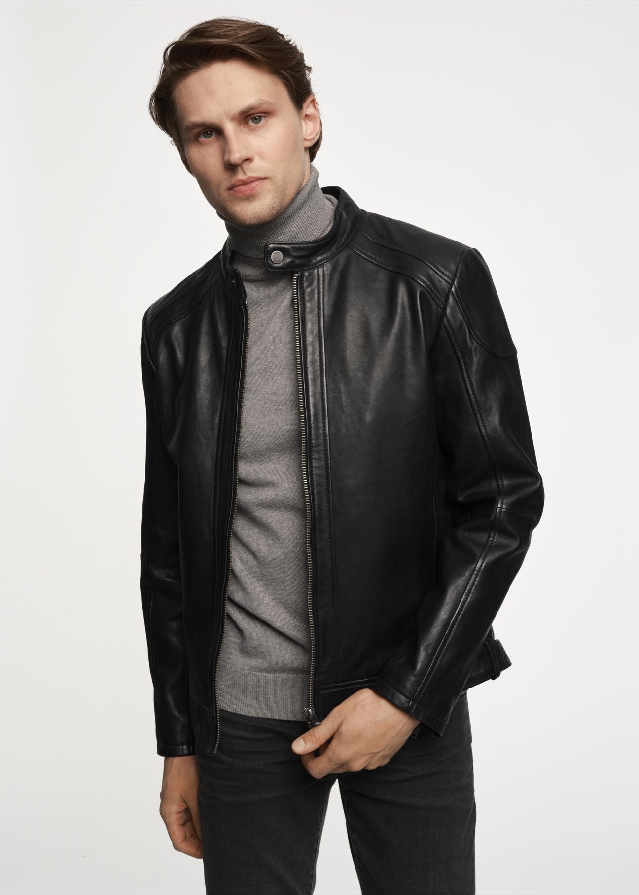 Men's black leather jacket with stand-up collar KURMS-0315-5427(Z23)-01