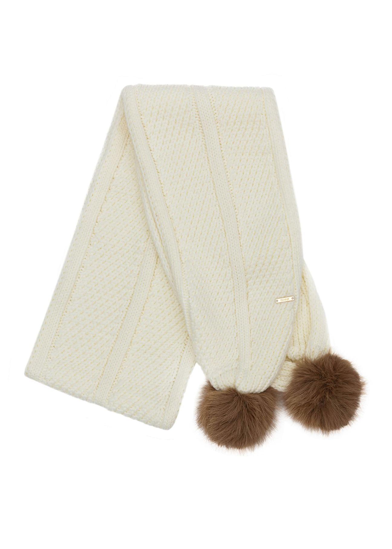 Cream women's scarf with pompoms SZADT-0176-16(Z24)-03