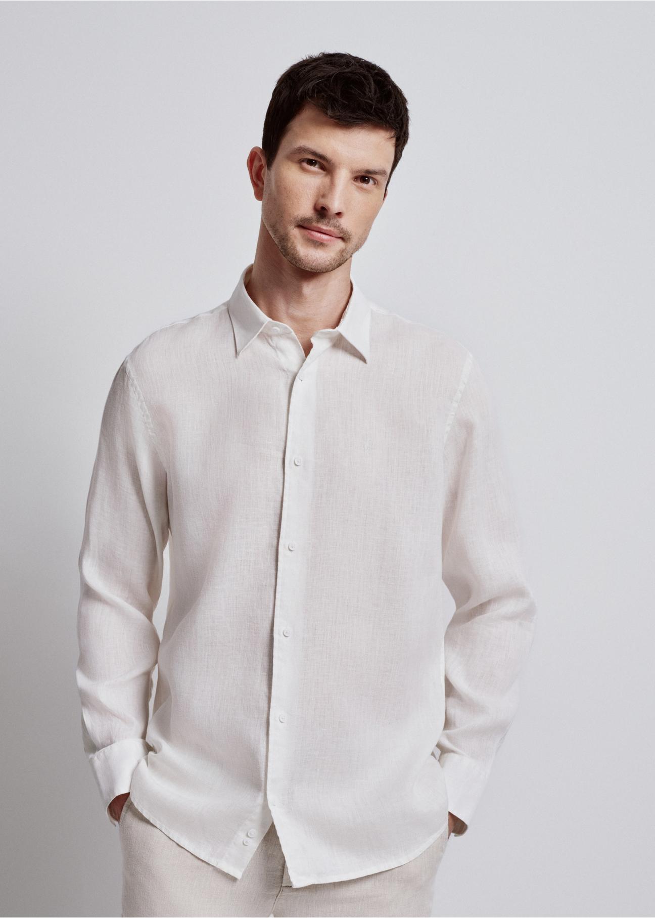 Cream linen men's shirt KOSMT-0321-12(W24)-01