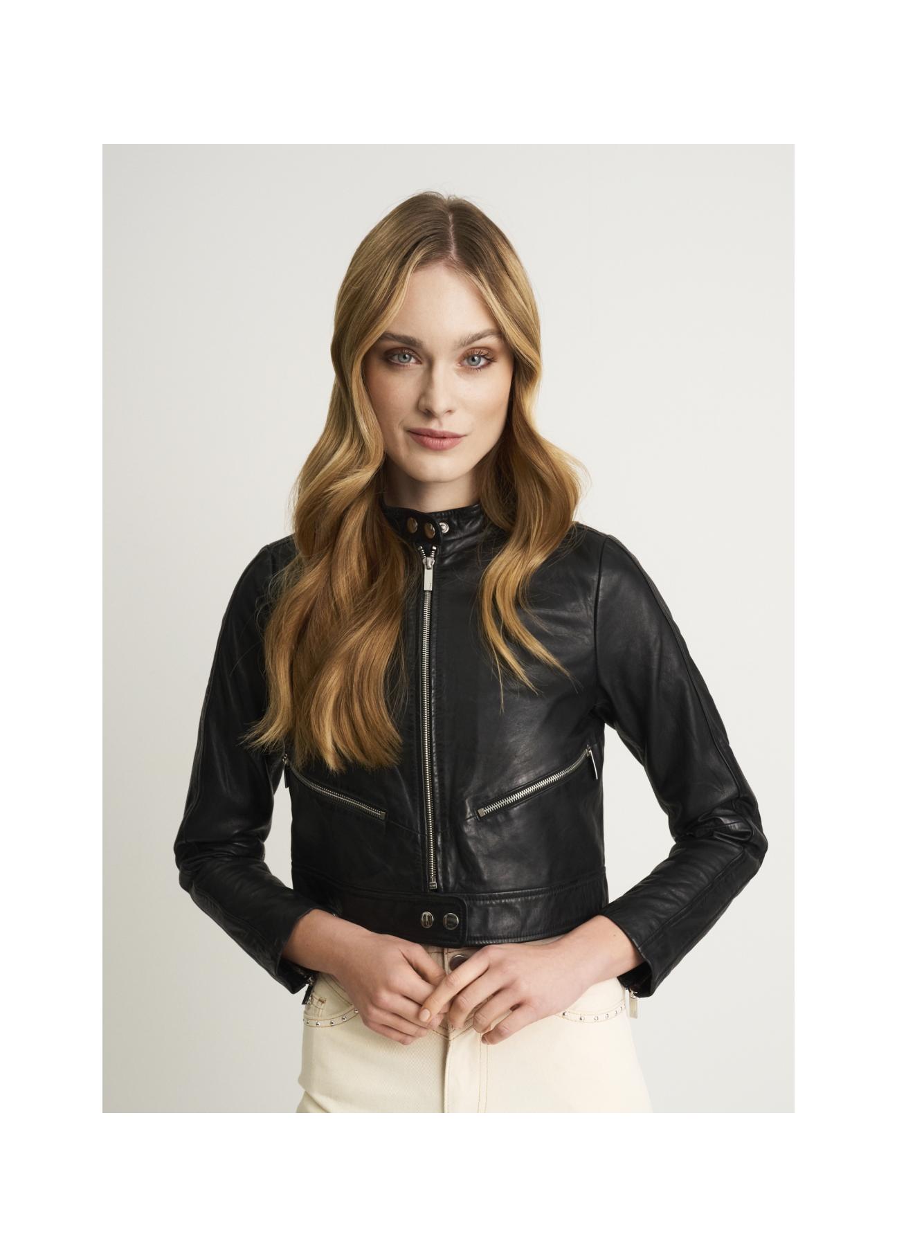 Women's black leather jacket with zippers KURDS-0360-5427(W23)-01