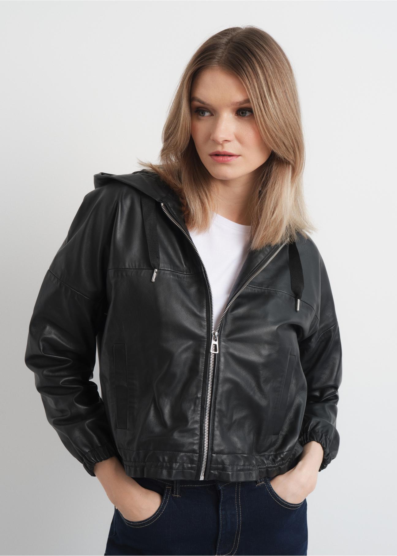 Black leather jacket with hood KURDS-0412-1036(W23)-01