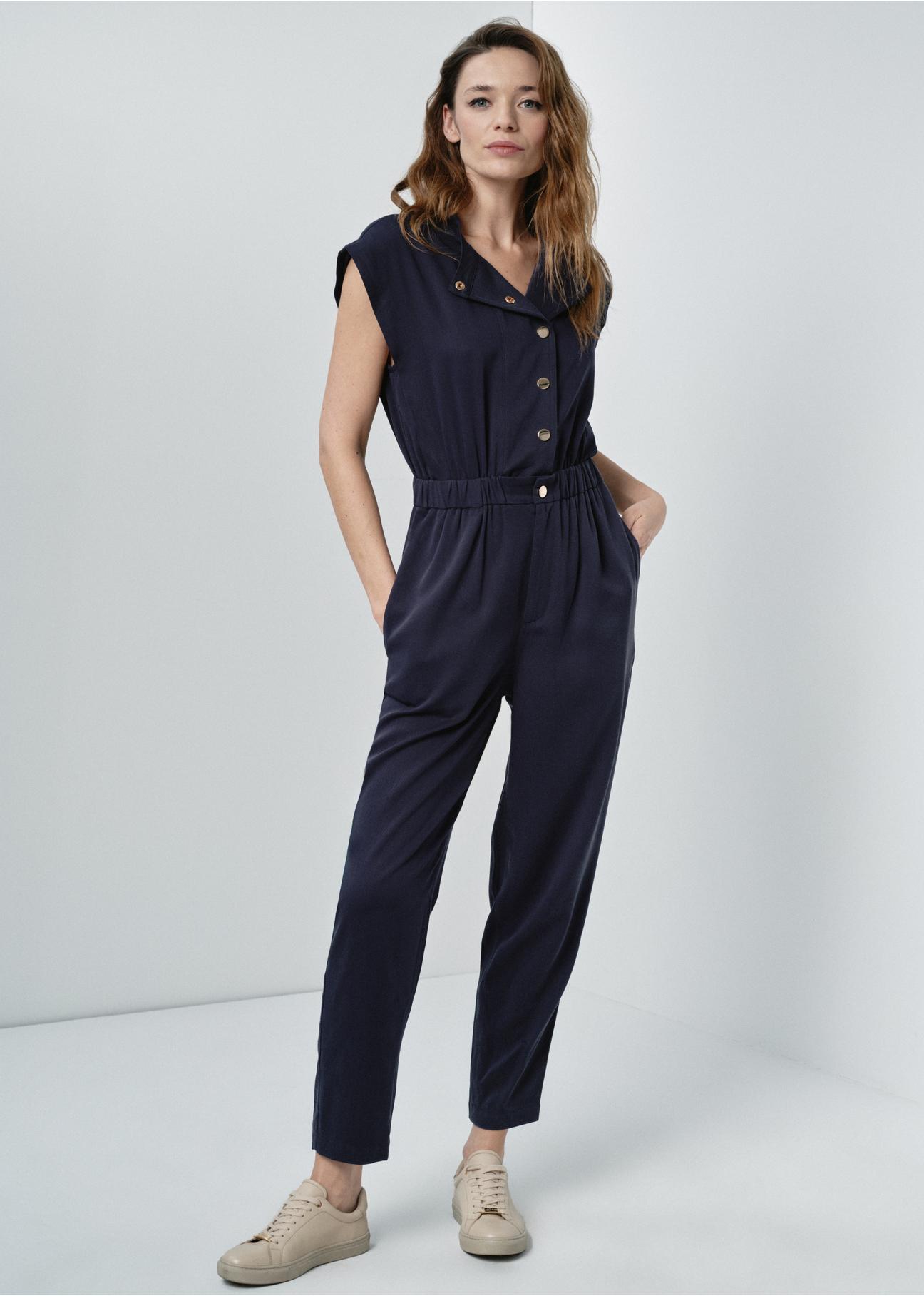 Navy blue long women's jumpsuit KOBDT-0007-69(W24)-04