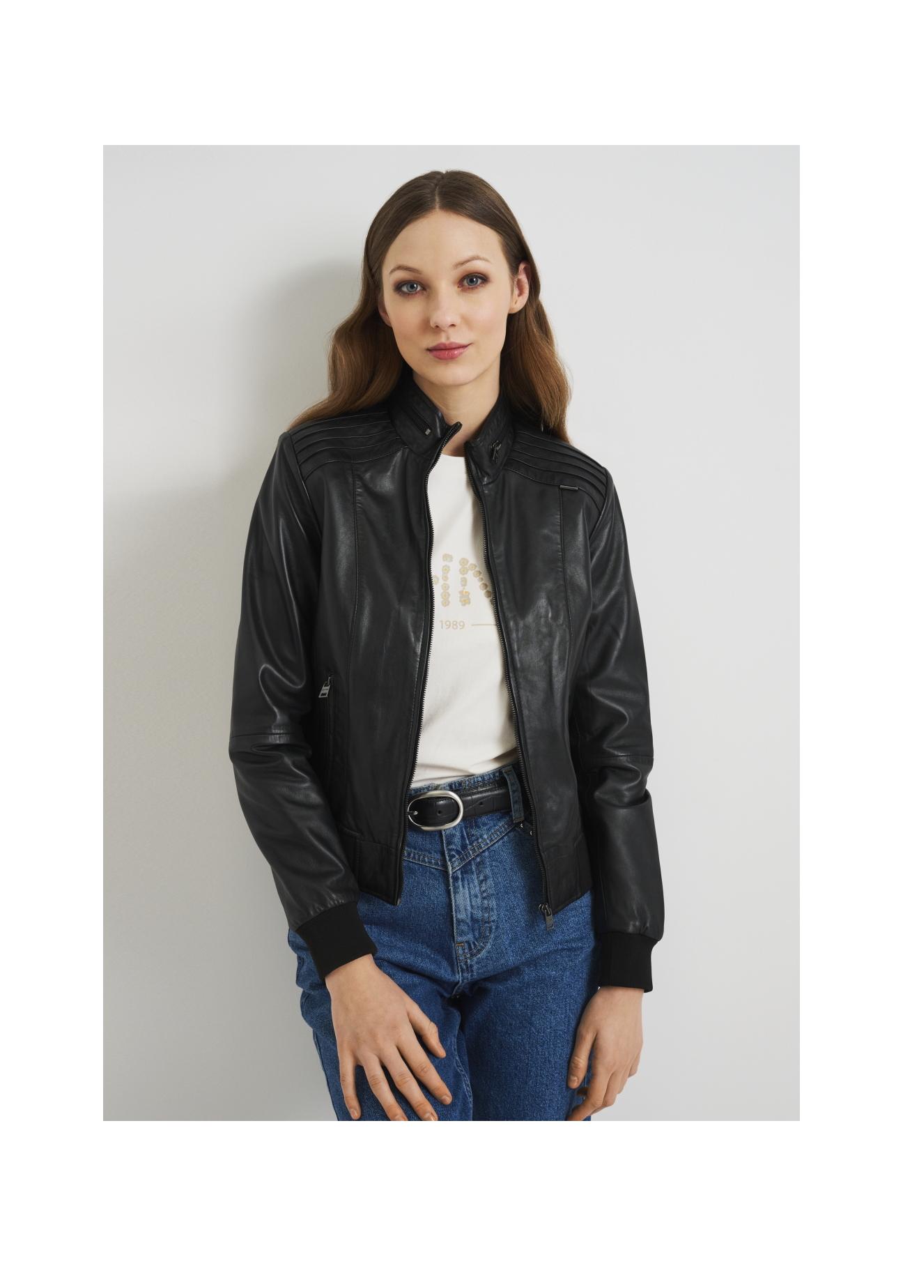 Women's leather jacket with welts KURDS-0348-5491(W22)-01