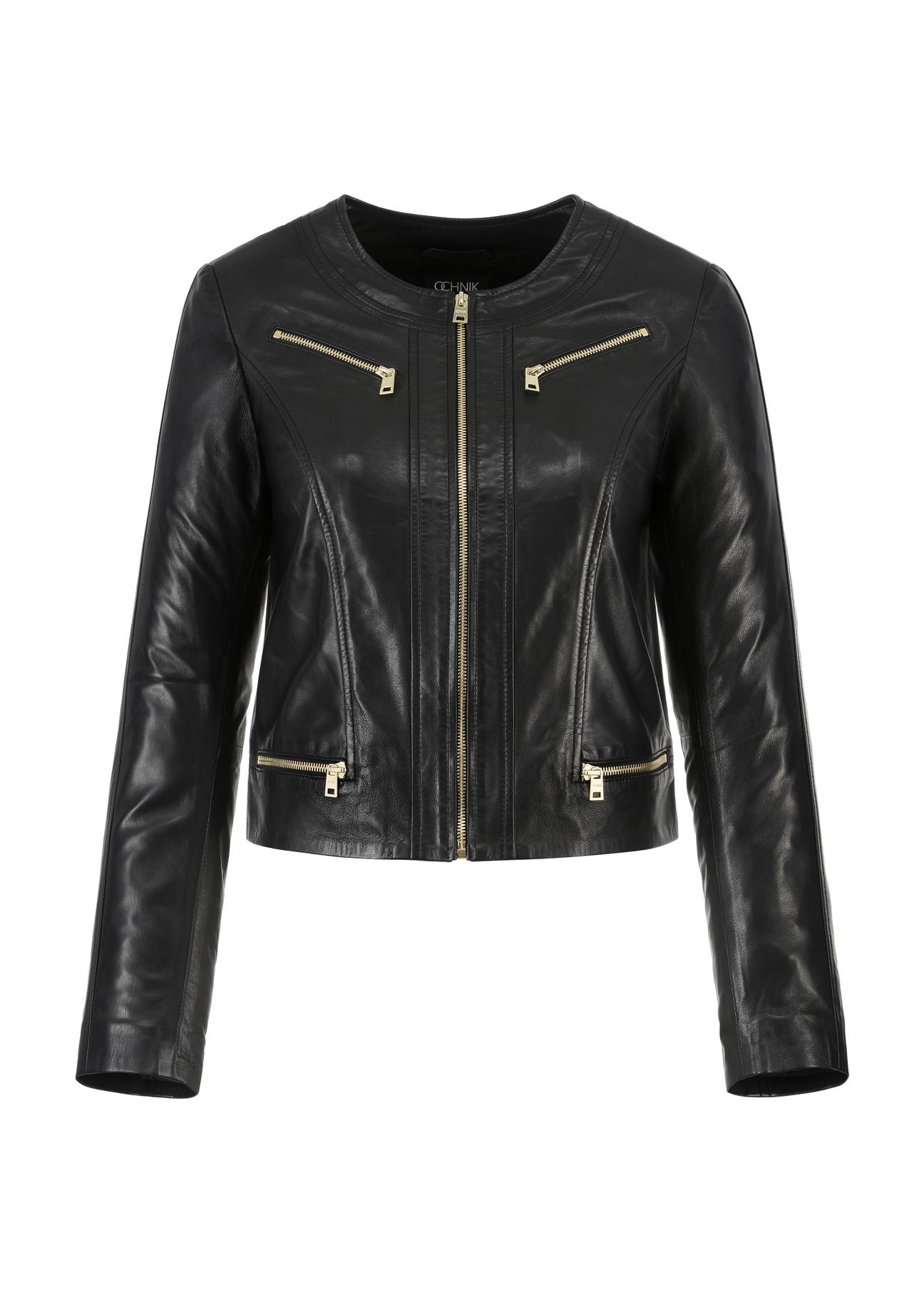 Women's black leather jacket with zippers KURDS-0419-1040(W23)-04