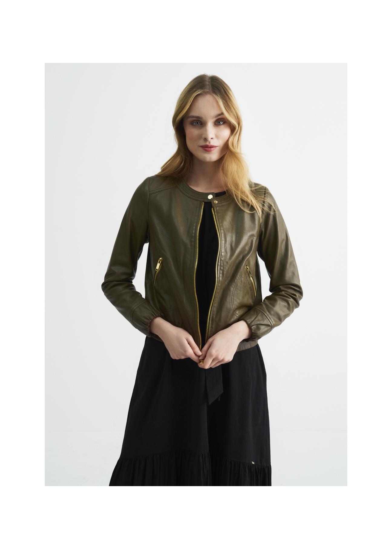 Women's leather jacket in khaki color KURDS-0342-1213(W22)-02