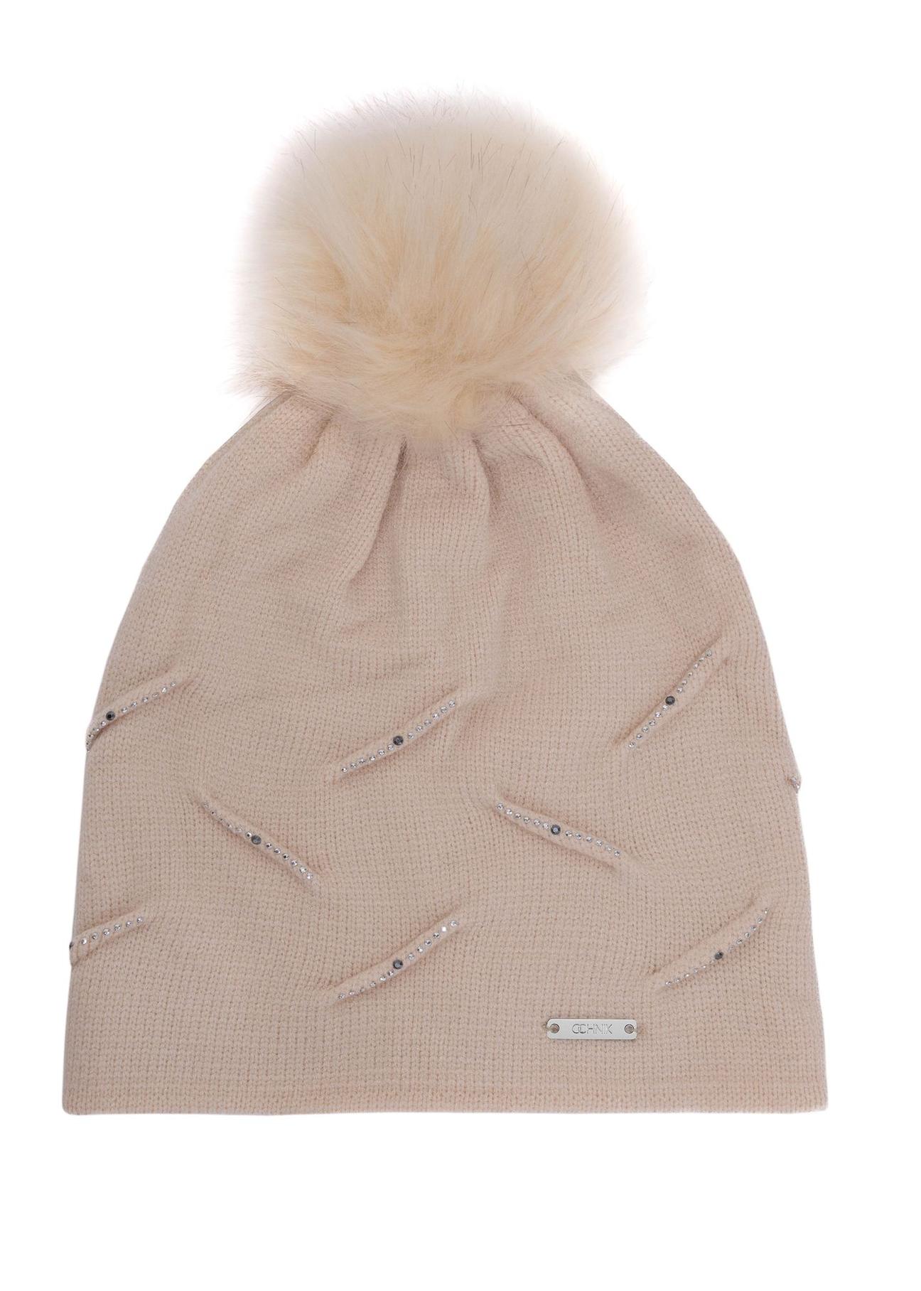 Beige women's hat with pompom CZADT-0194-81(Z24)-04