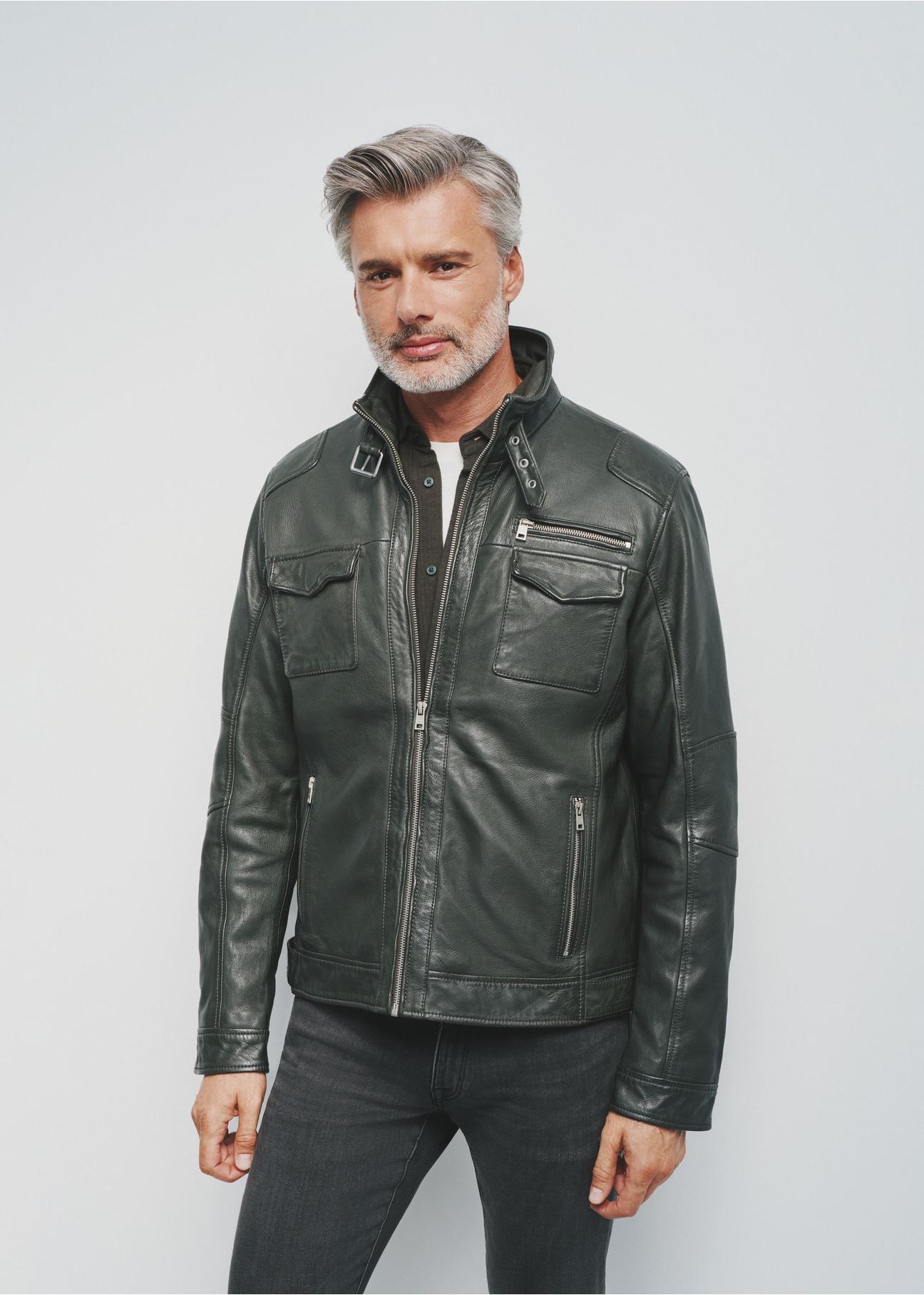 Men's leather jacket in khaki color KURMS-0349-2798(Z24)-02