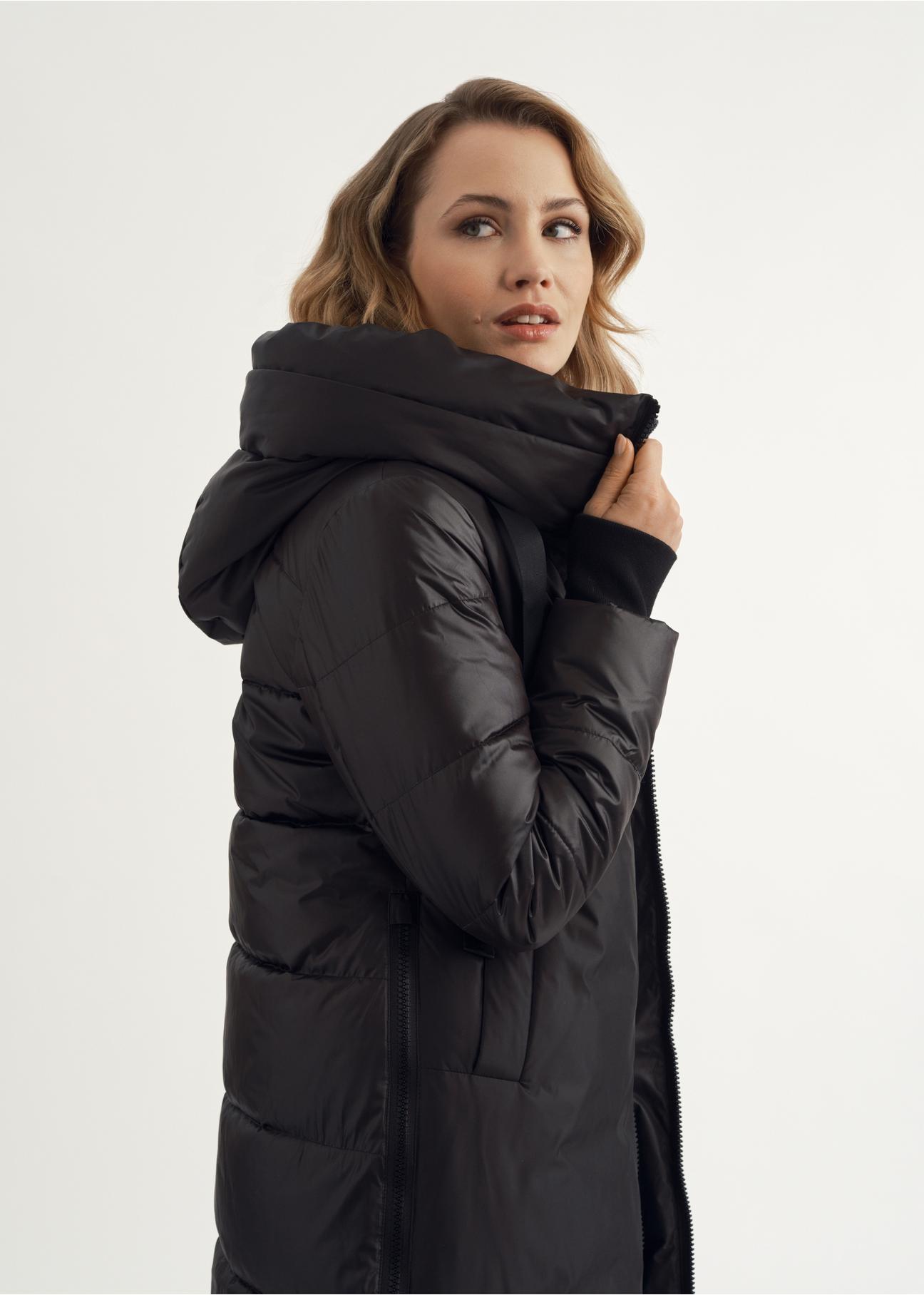 Women's black winter jacket with hood KURDT-0478-99(Z24)-01