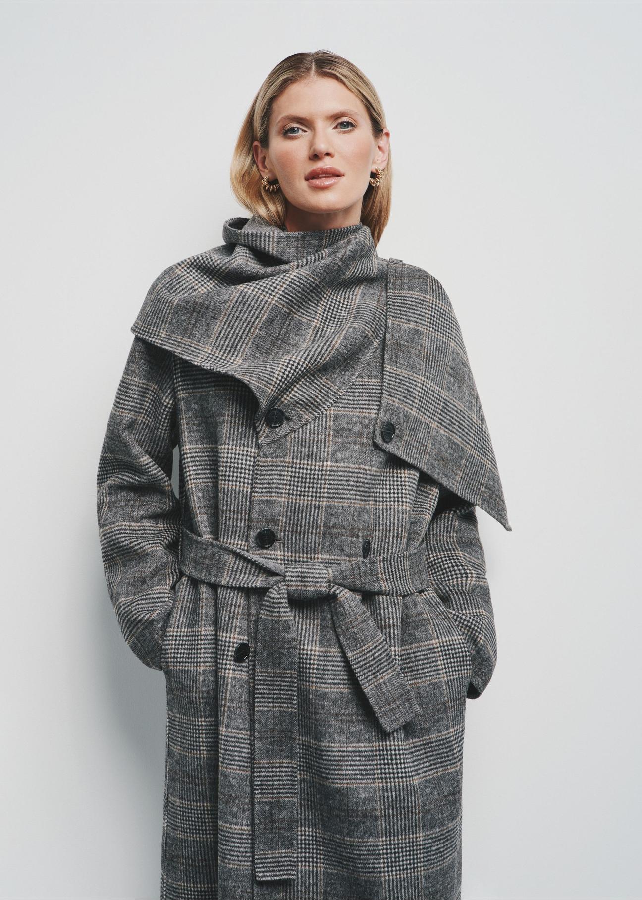 Woolen gray women's coat in a check pattern PLADT-0056-91(Z24)-02