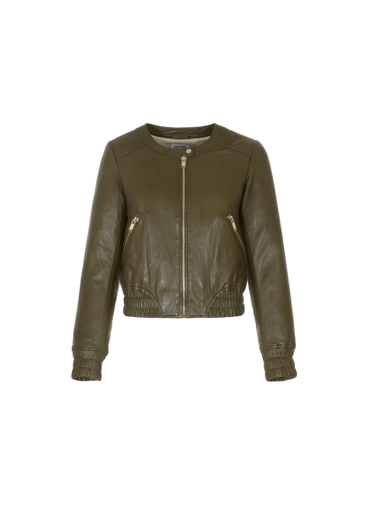 Women's leather jacket in khaki color KURDS-0342-1213(W22)-03