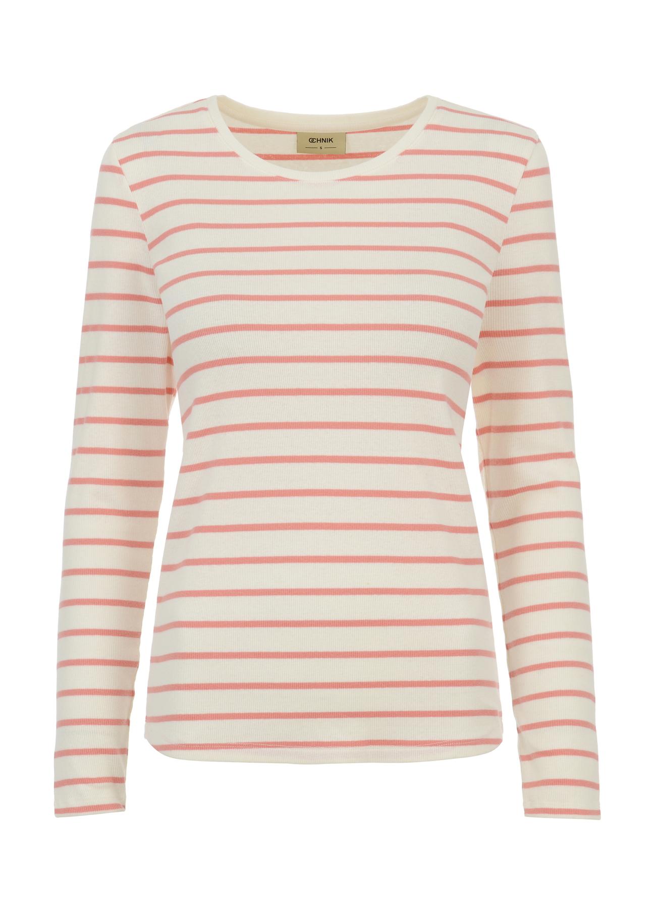 Women's cream blouse with pink stripes LSLDT-0025-34(W23)-03