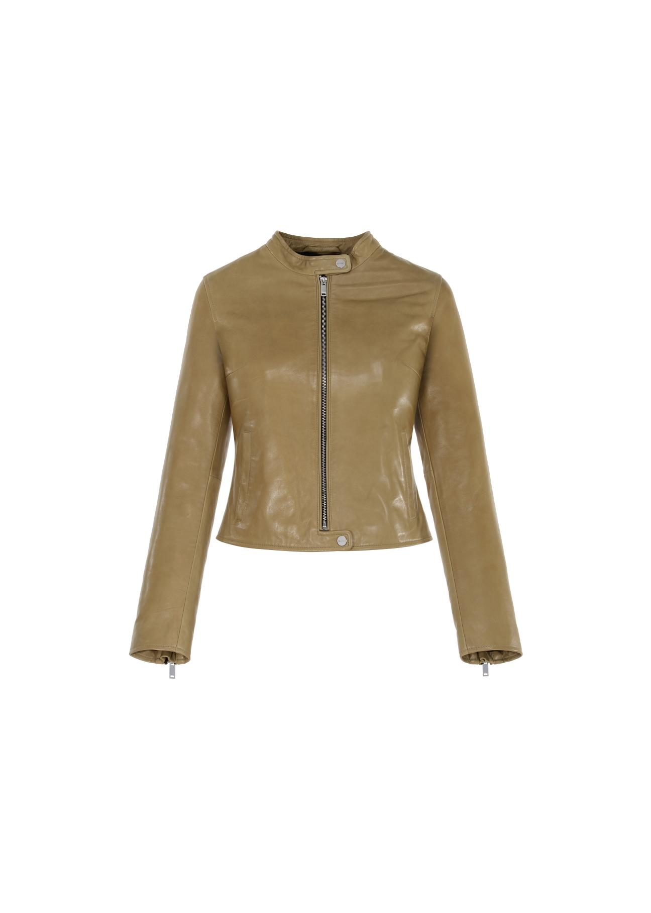 Waisted olive leather jacket for women KURDS-0368-1194(W22)-03