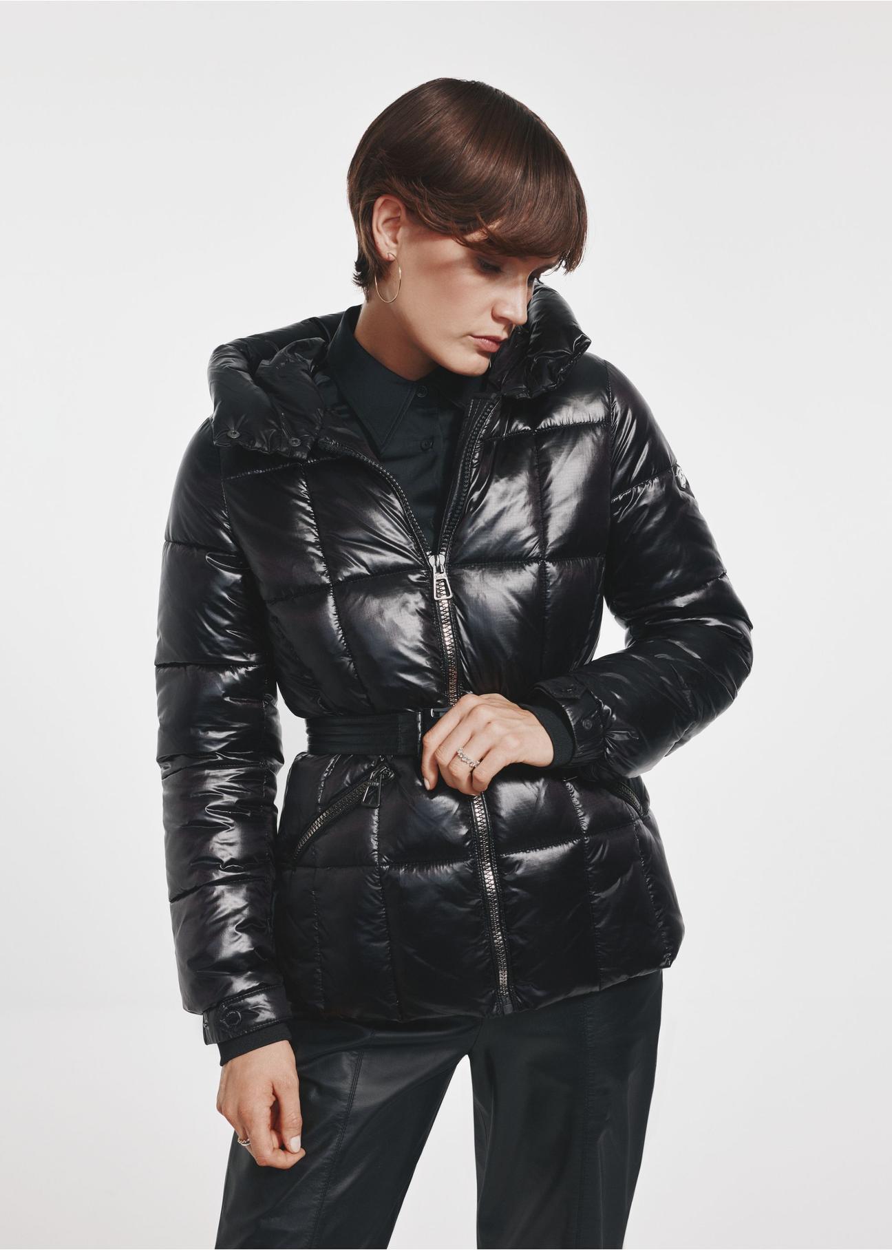 Black women's quilted jacket with belt KURDT-0539-99(Z24)-02