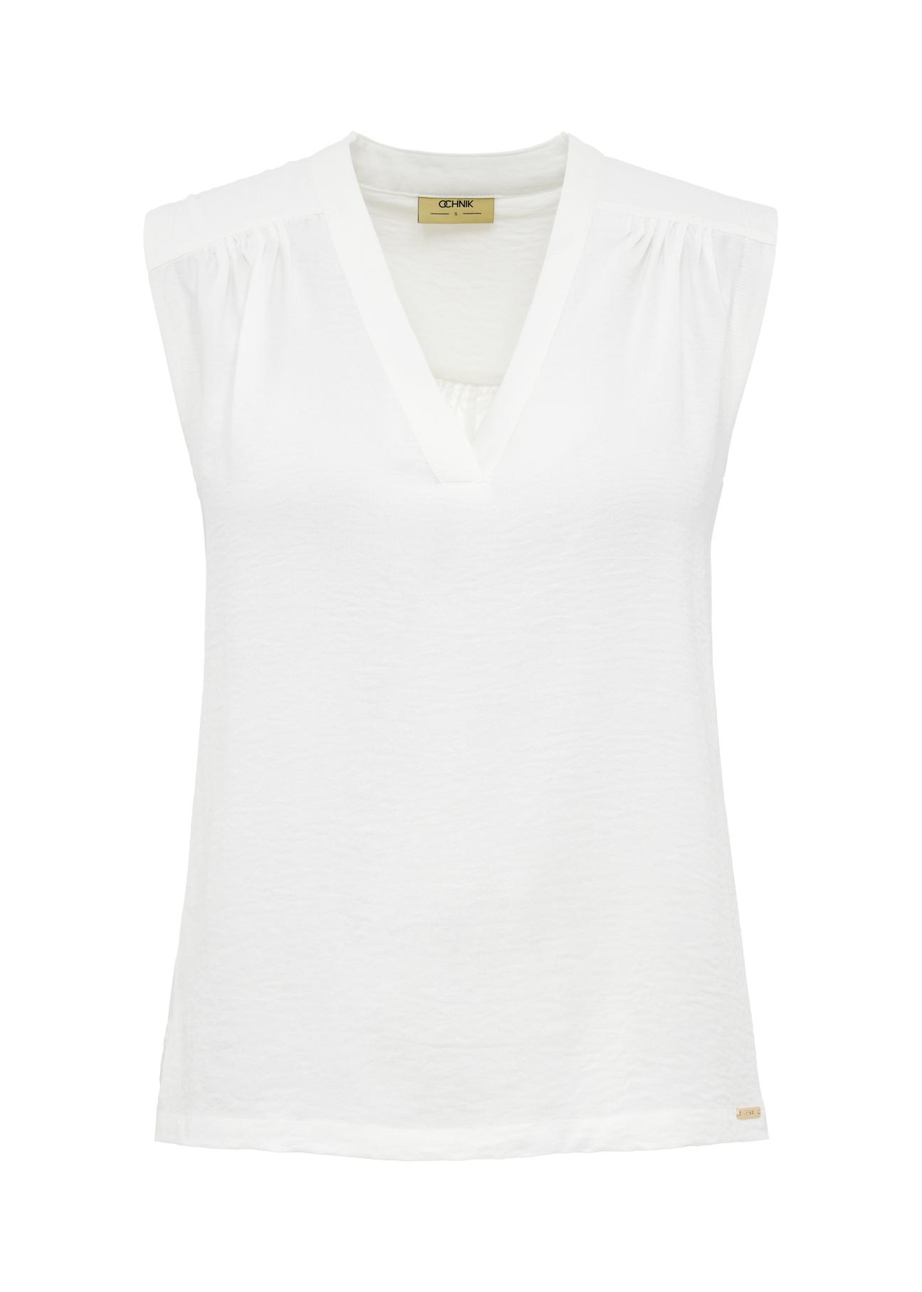 Cream sleeveless V-neck blouse for women BLUDT-0173-12(W24)-04