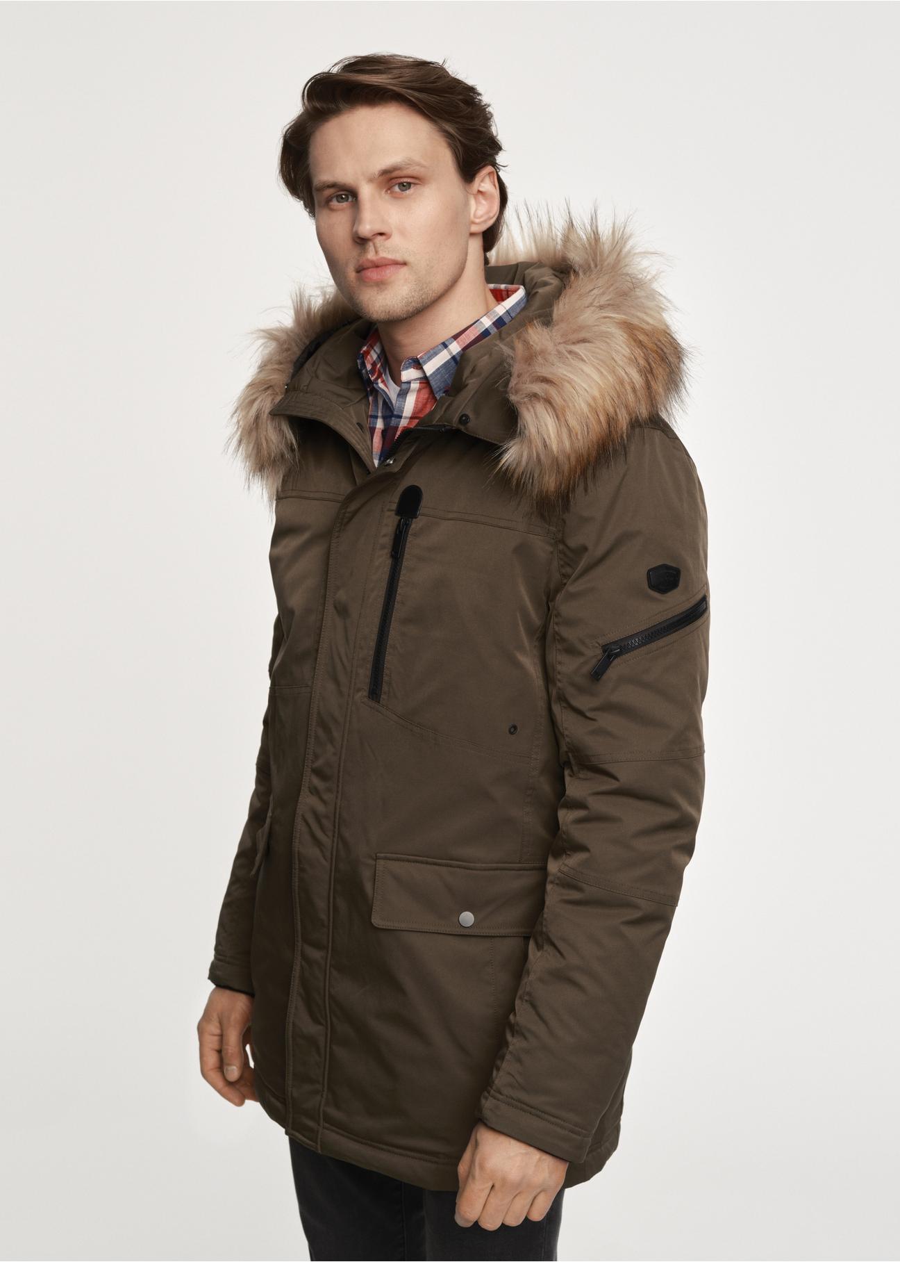 Men's khaki jacket with hood KURMT-0317-55(Z23)-01