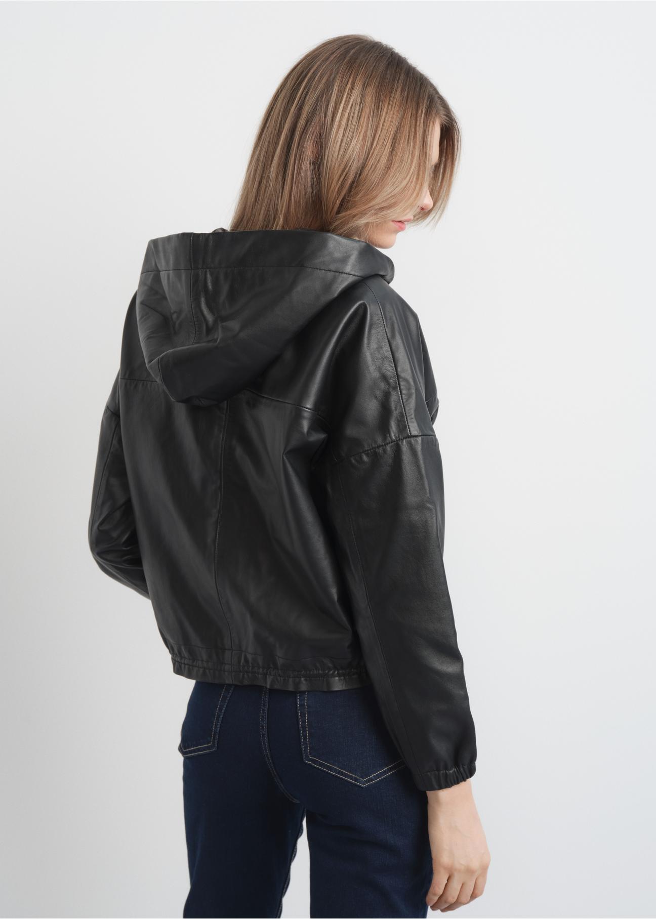 Black leather jacket with hood KURDS-0412-1036(W23)-02