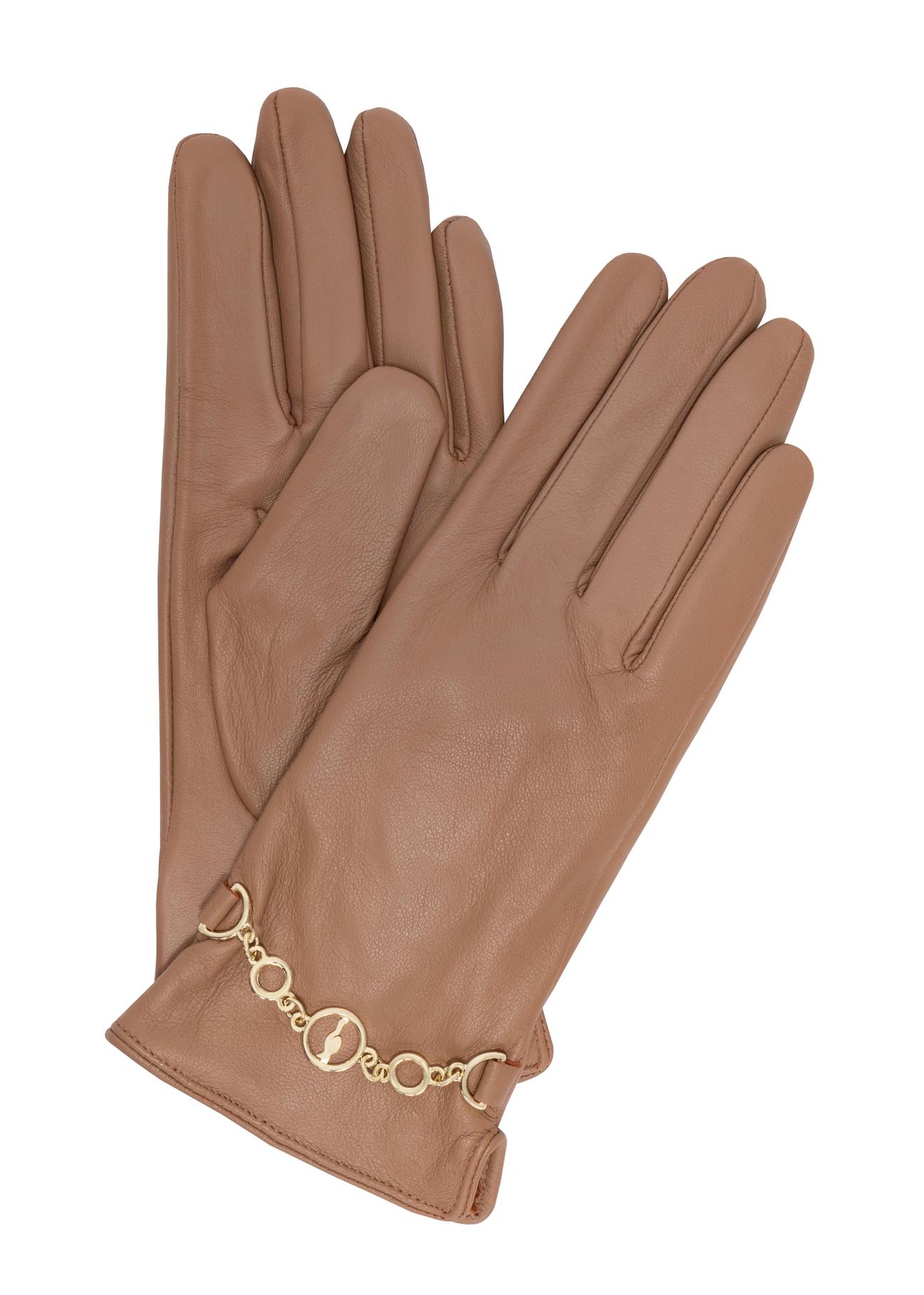 Women's brown leather gloves REKDS-0080-81(Z24)-01