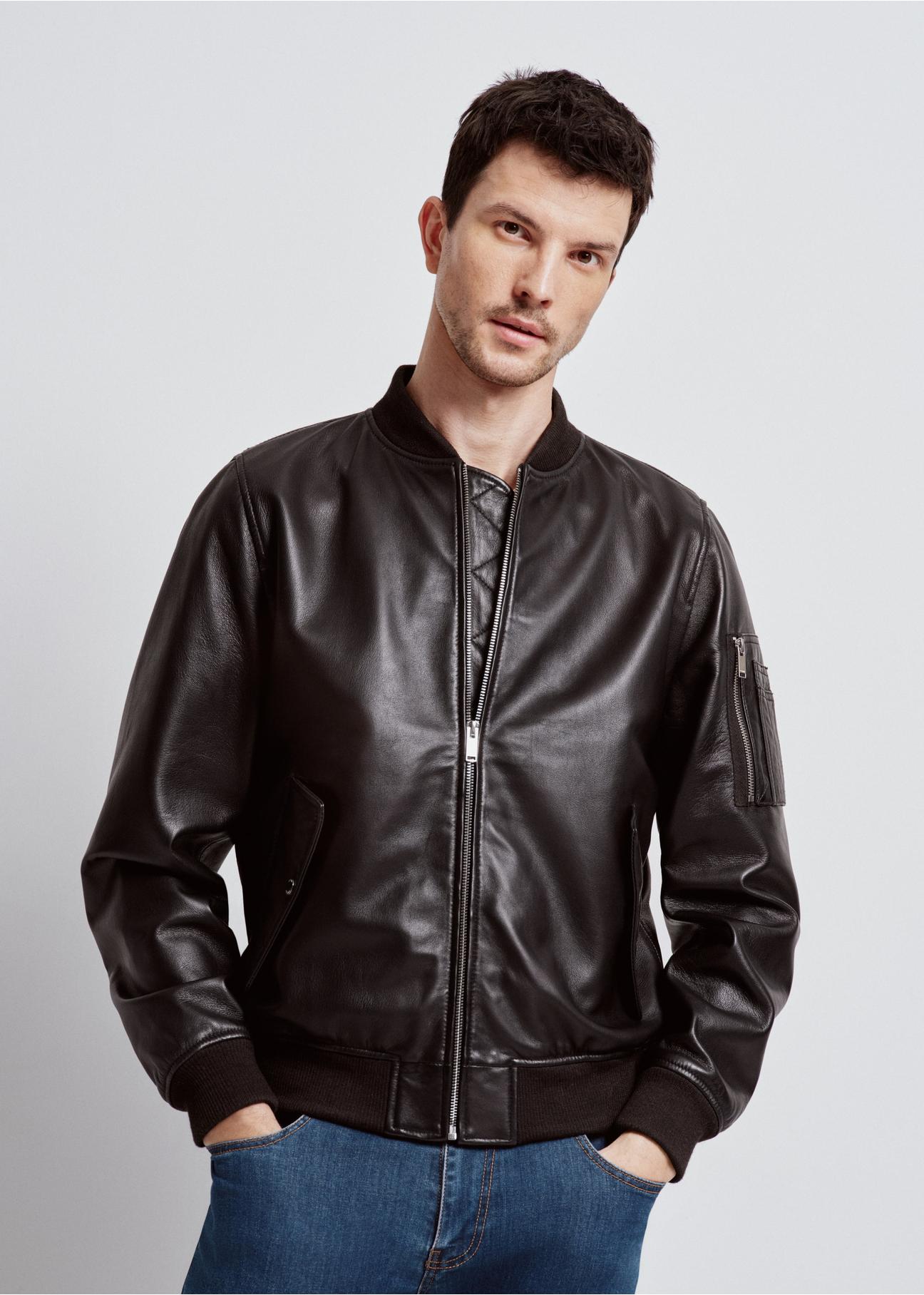 Men's black leather bomber jacket KURMS-0337-5506(W24)-01