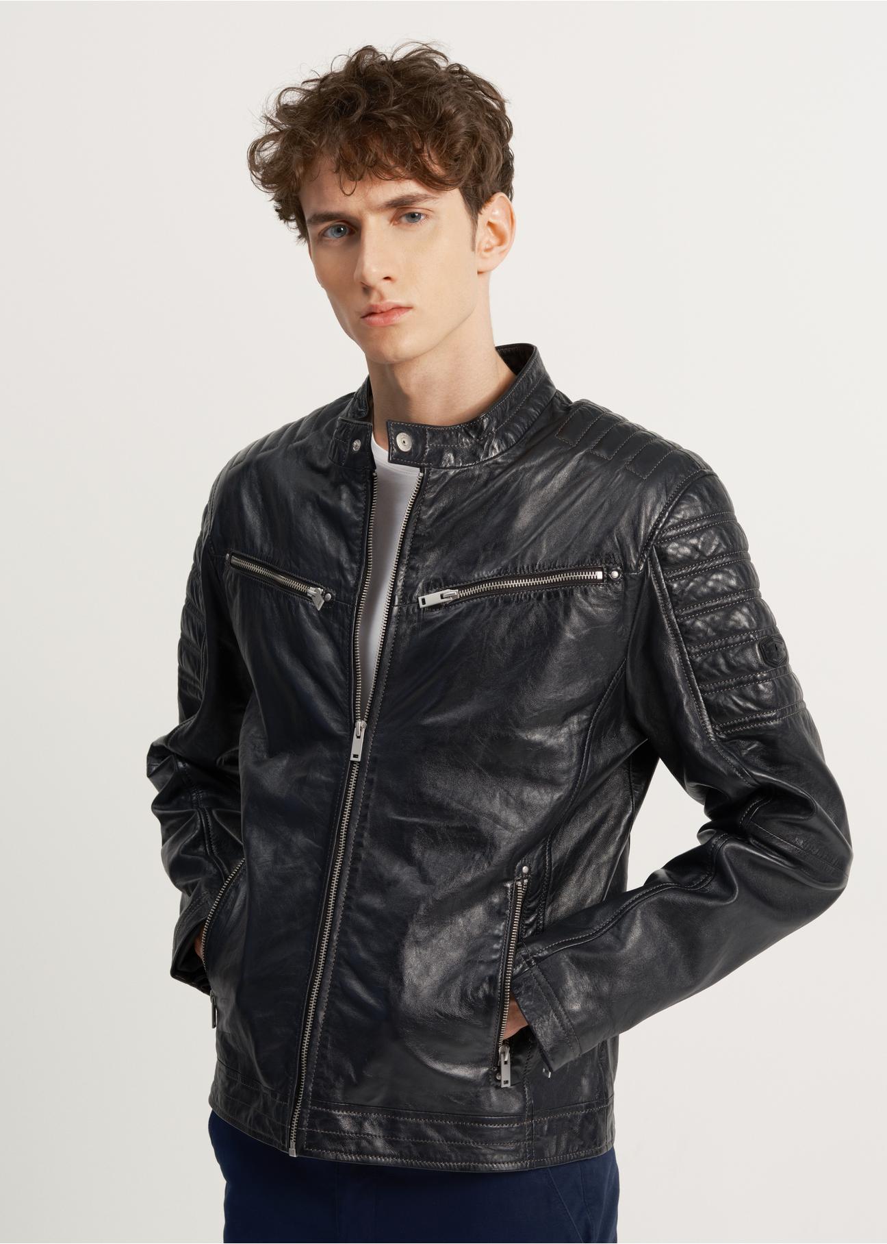 Men's leather jacket with stand-up collar KURMS-0284-1279(W23)-02